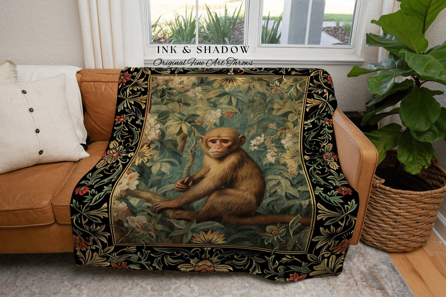 Pastel Botanical Monkey Blanket Woven | Woodland Gothic Room Decor Monkey Cottagecore Antique Aesthetic Dark Fairycore Bedroom Tapestry |