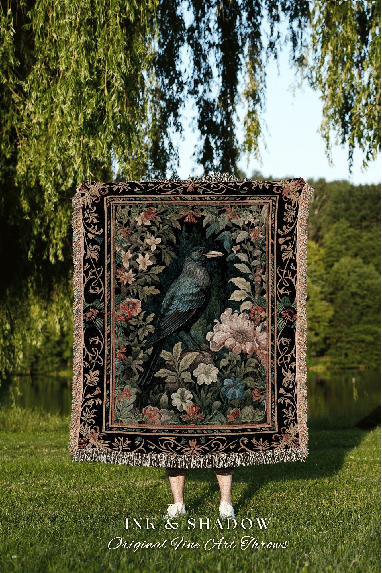 Dark Floral Raven Throw Blanket | Ethereal Gothic Room Decor Woven Tapestry Cottagecore Aesthetic Dark Fairycore Bedroom Crow Core Art |