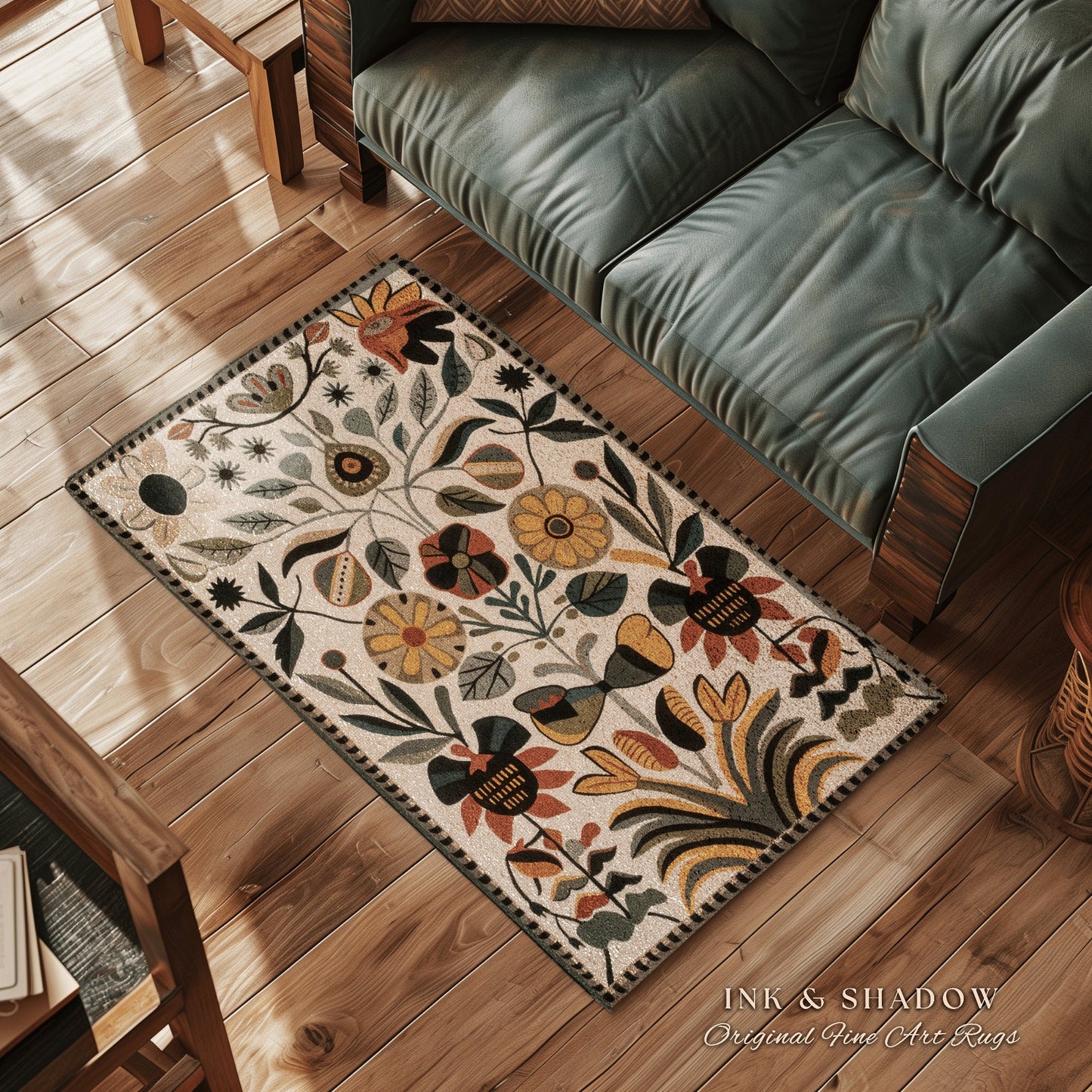 Abstract Flowers Boho Floor Rug | Indie Aesthetic Living Room Danish Home Decor Rustic Housewarming Gift Cottagecore Earth Tone Bedroom Mat