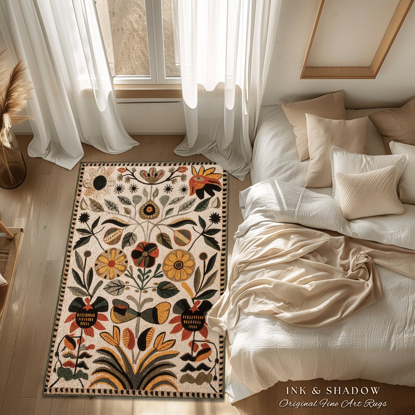 Abstract Flowers Boho Floor Rug | Indie Aesthetic Living Room Danish Home Decor Rustic Housewarming Gift Cottagecore Earth Tone Bedroom Mat