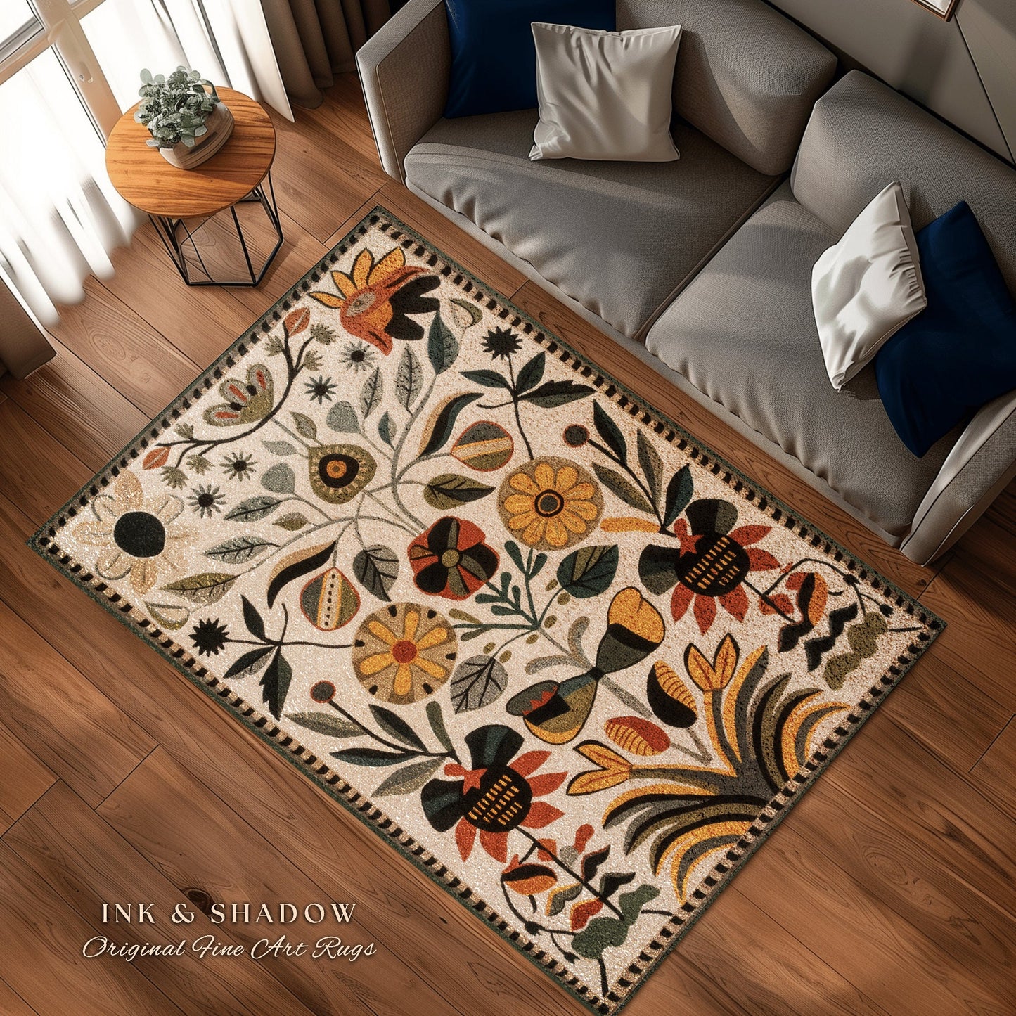 Abstract Flowers Boho Floor Rug | Indie Aesthetic Living Room Danish Home Decor Rustic Housewarming Gift Cottagecore Earth Tone Bedroom Mat