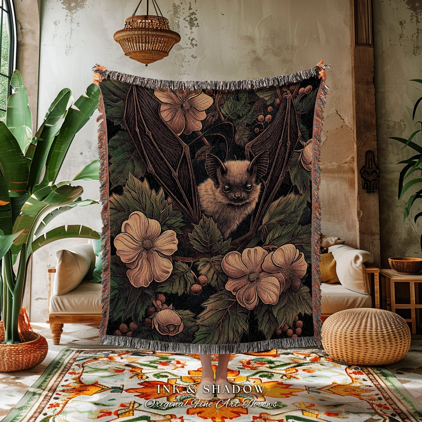 Moody Botanical Bat Throw Blanket | Woodland Tapestry Crowcore Wall Art Bedroom Decor Housewarming Gift Bat Lover Wall Art Whimsigoth Accent
