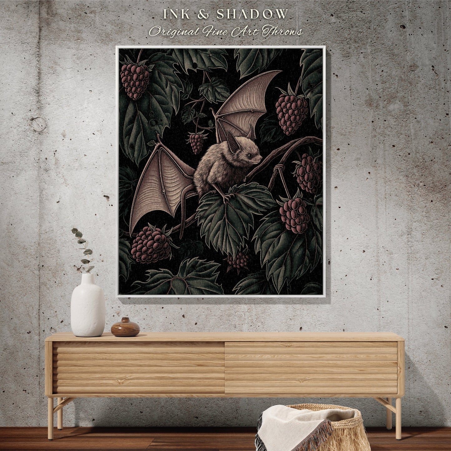 Dark Botanical Bat Blanket Cozy Decor | Whimsigoth Cottagecore Tapestry Woven Throw Victorian Gothic Bedroom Woodland Ethereal Botanical |