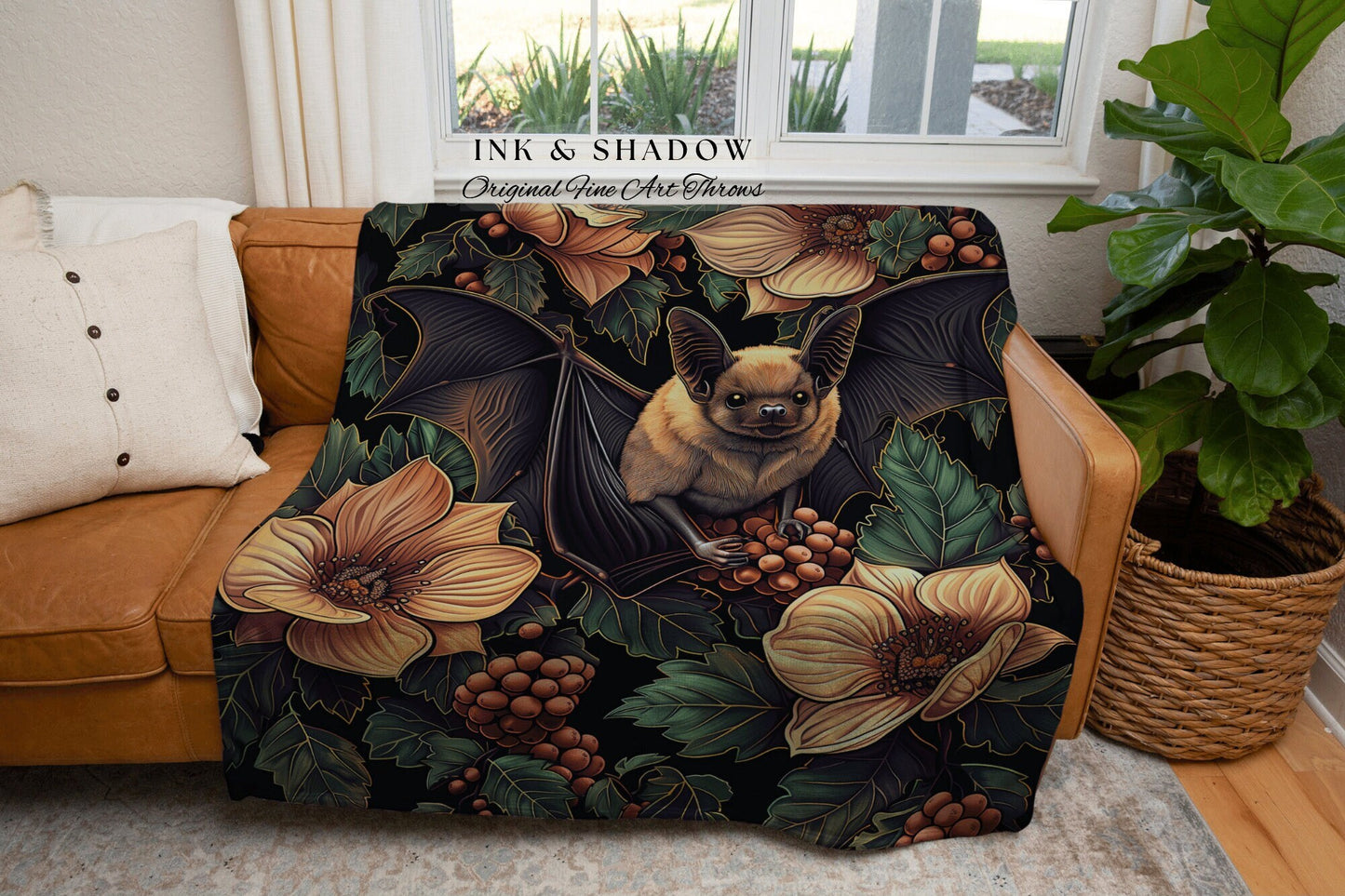 Floral Bat Dark Botanical Throw | Woven Blanket Woodland Wall Art Gothic Bedroom Decor Astrology Bat Wall Hanging Tapestry Whimsigoth Witchy