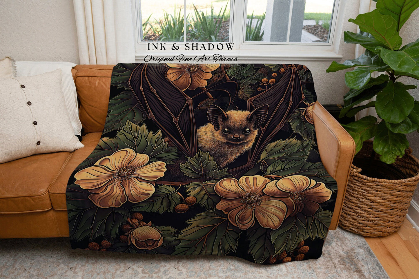 Moody Botanical Bat Throw Blanket | Woodland Tapestry Crowcore Wall Art Bedroom Decor Housewarming Gift Bat Lover Wall Art Whimsigoth Accent