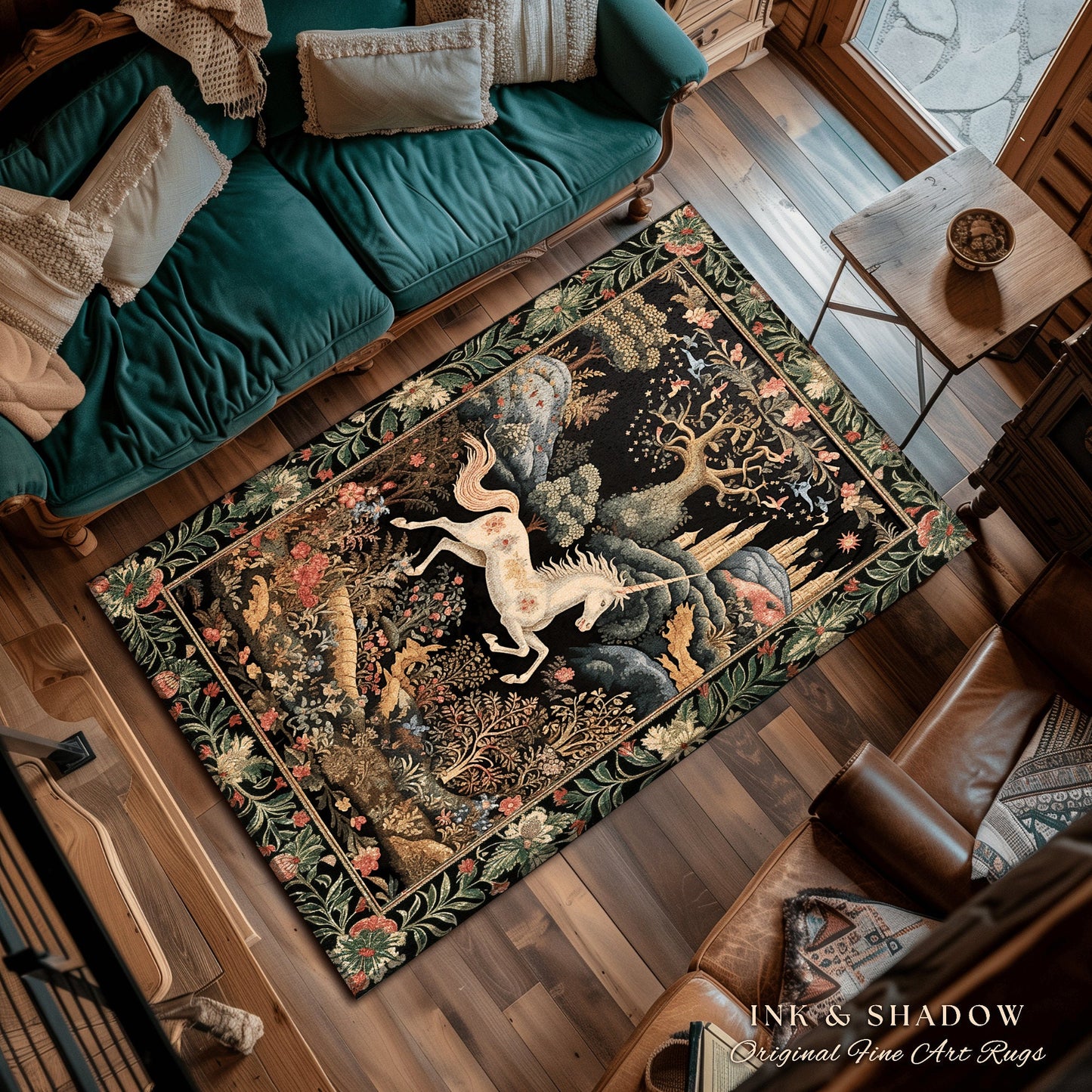 Fairytale Unicorn Floor Rug Round | Whimsical Fairy Folklore Aesthetic Room Decor Morris Inspired Cottagecore Fairycore Mystical Bedroom Rug