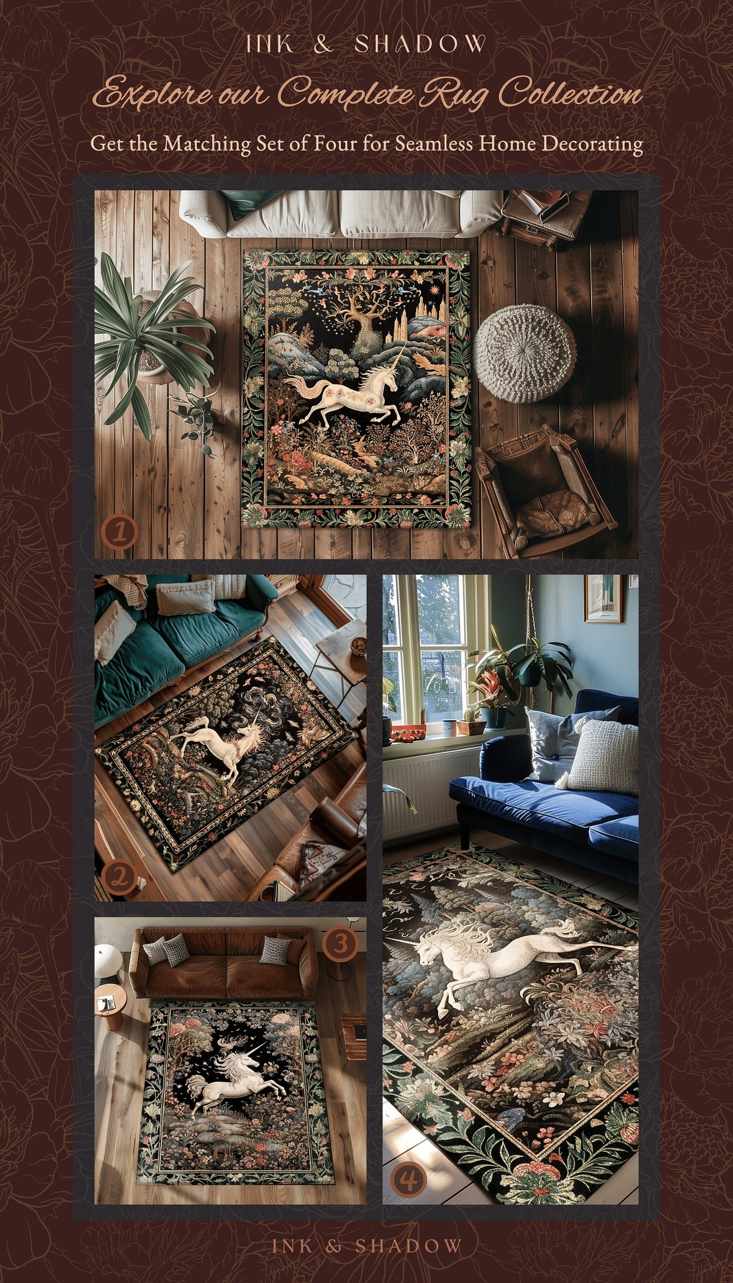 Unicorn Mystical Medieval Art Rug Folklore Whimsigothic Decor, Dark Cottagecore Mystic Grunge Fairycore Whimsical Witchy Home Accent Rug