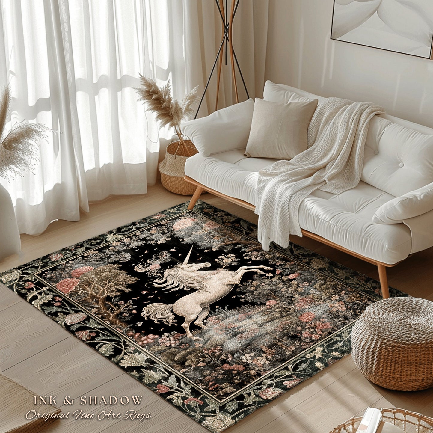 Unicorn Mystical Medieval Art Rug Folklore Whimsigothic Decor, Dark Cottagecore Mystic Grunge Fairycore Whimsical Witchy Home Accent Rug