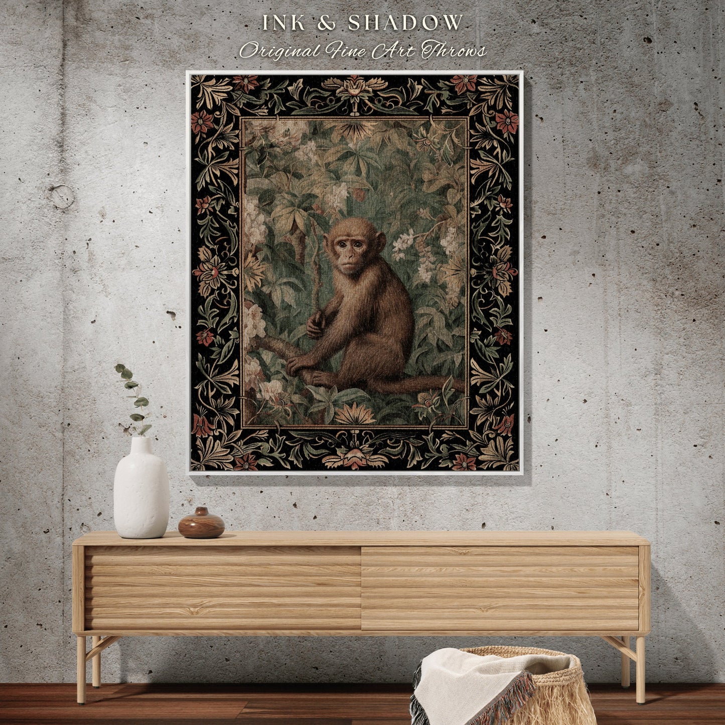 Pastel Botanical Monkey Blanket Woven | Woodland Gothic Room Decor Monkey Cottagecore Antique Aesthetic Dark Fairycore Bedroom Tapestry |