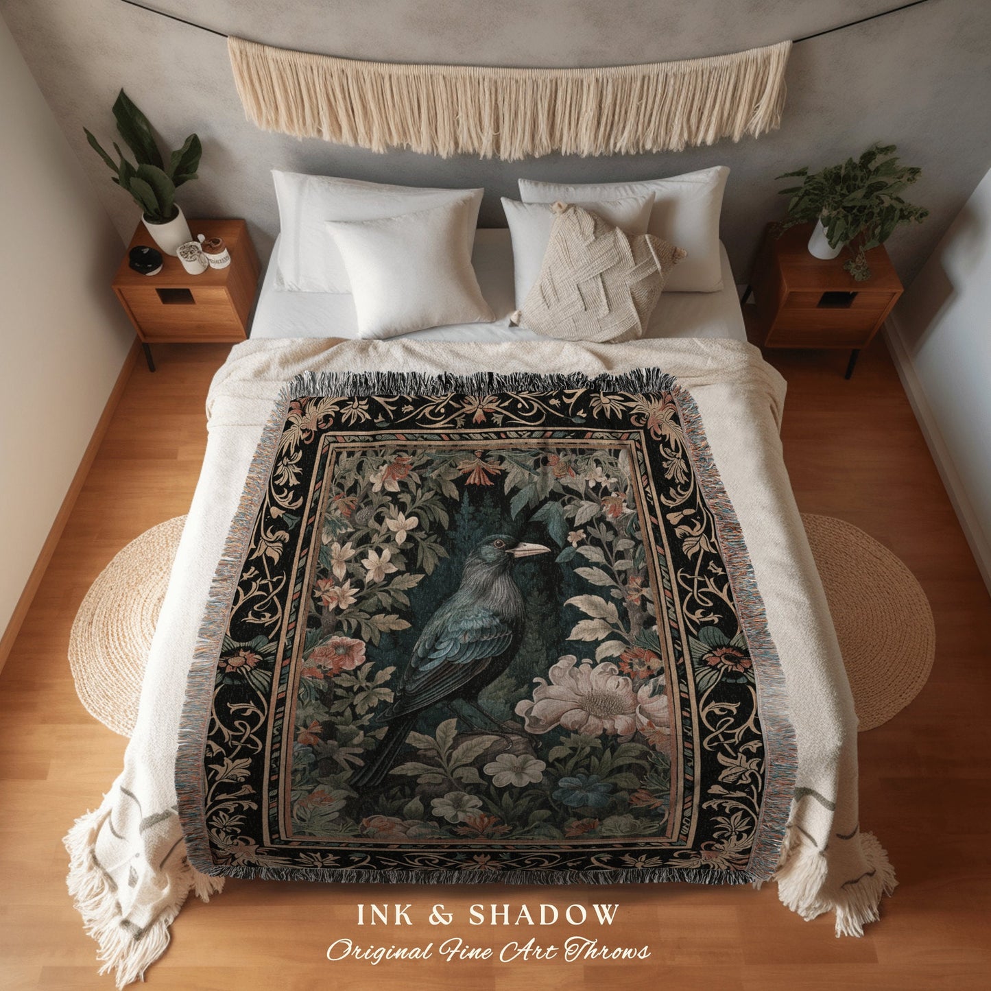 Dark Floral Raven Throw Blanket | Ethereal Gothic Room Decor Woven Tapestry Cottagecore Aesthetic Dark Fairycore Bedroom Crow Core Art |