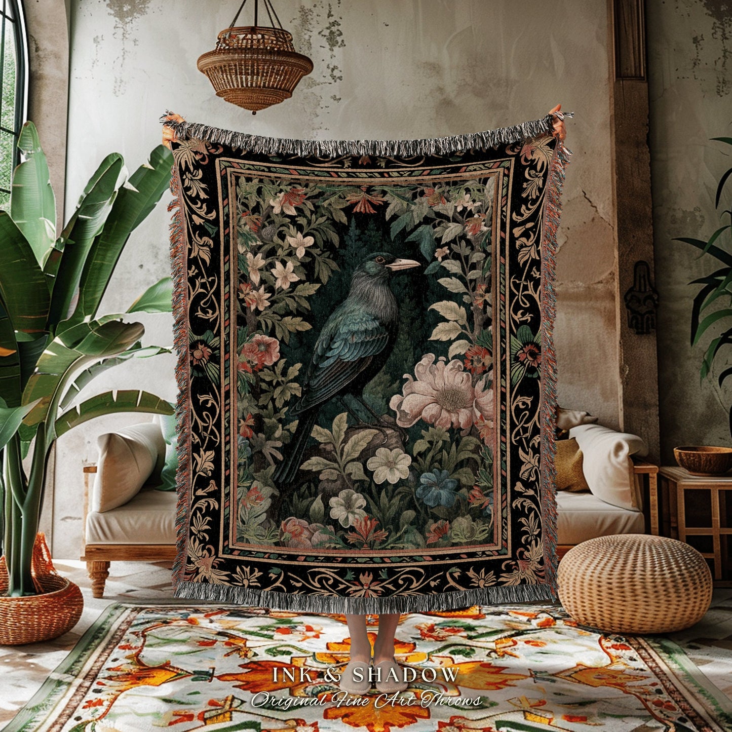 Dark Floral Raven Throw Blanket | Ethereal Gothic Room Decor Woven Tapestry Cottagecore Aesthetic Dark Fairycore Bedroom Crow Core Art |