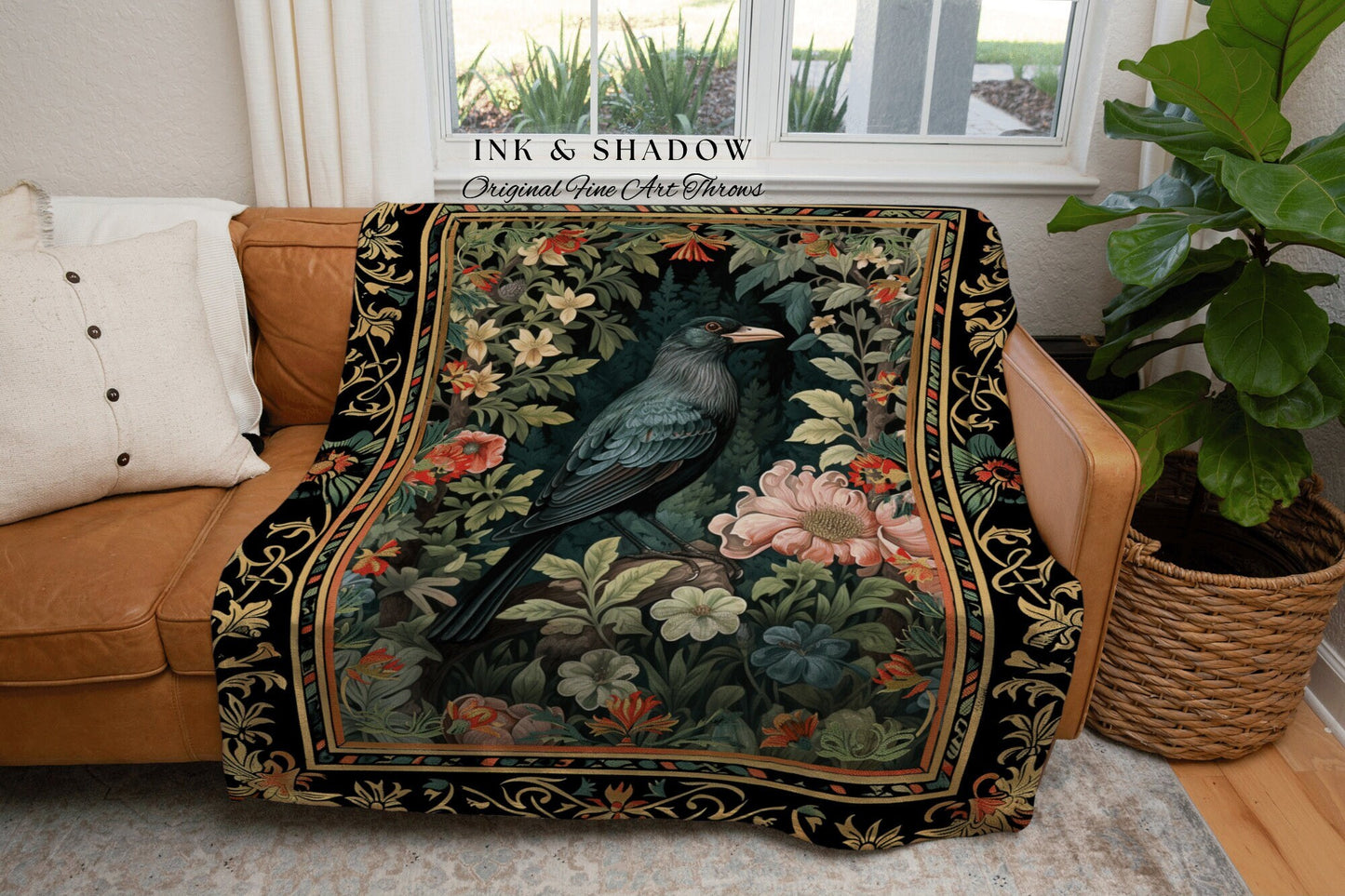Dark Floral Raven Throw Blanket | Ethereal Gothic Room Decor Woven Tapestry Cottagecore Aesthetic Dark Fairycore Bedroom Crow Core Art |