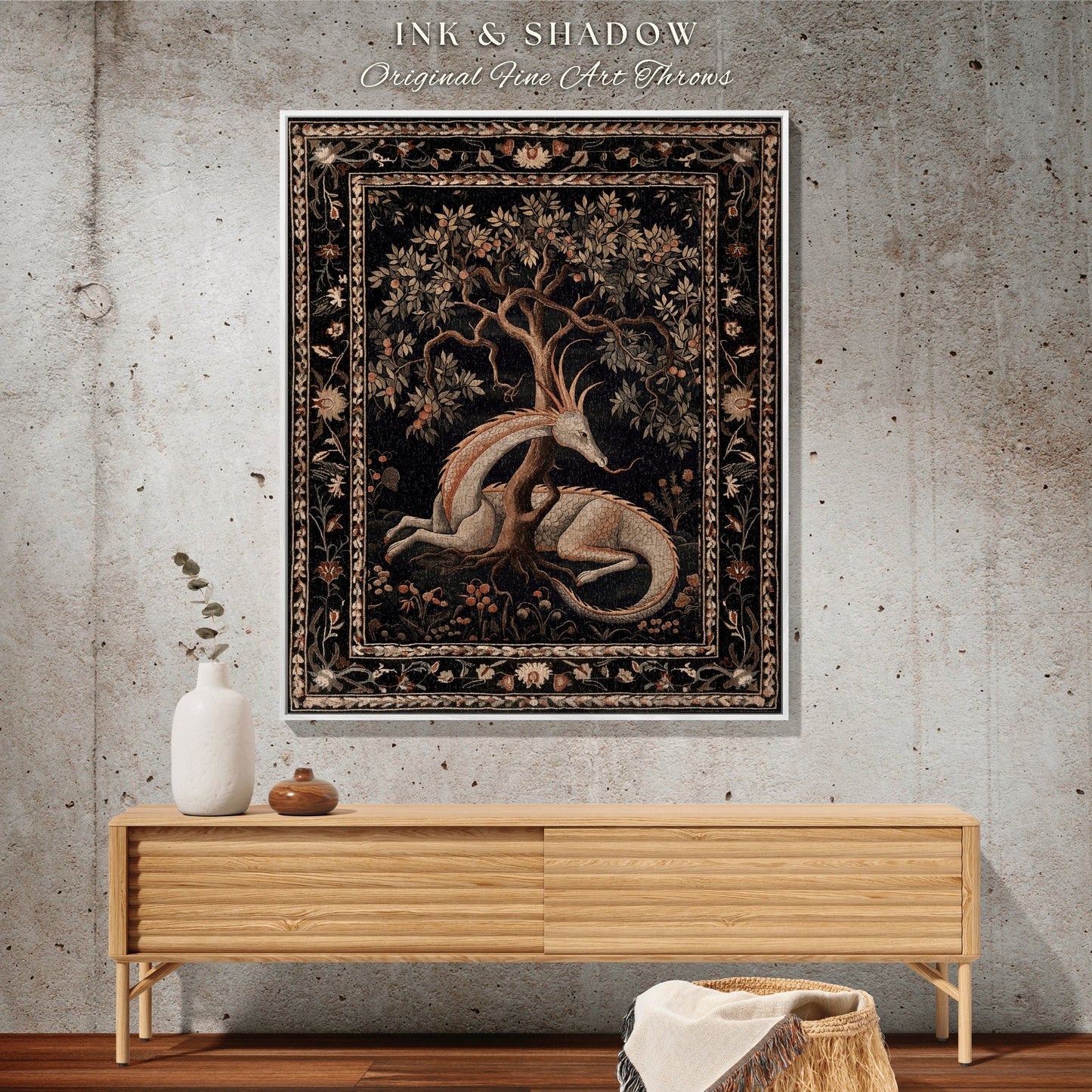 Folklore Dragon Woven Blanket | Medieval Aesthetic Fairytale Inspired Wall Art Cottagecore Style Fairycore Woven Throw Tapestry Botanical |