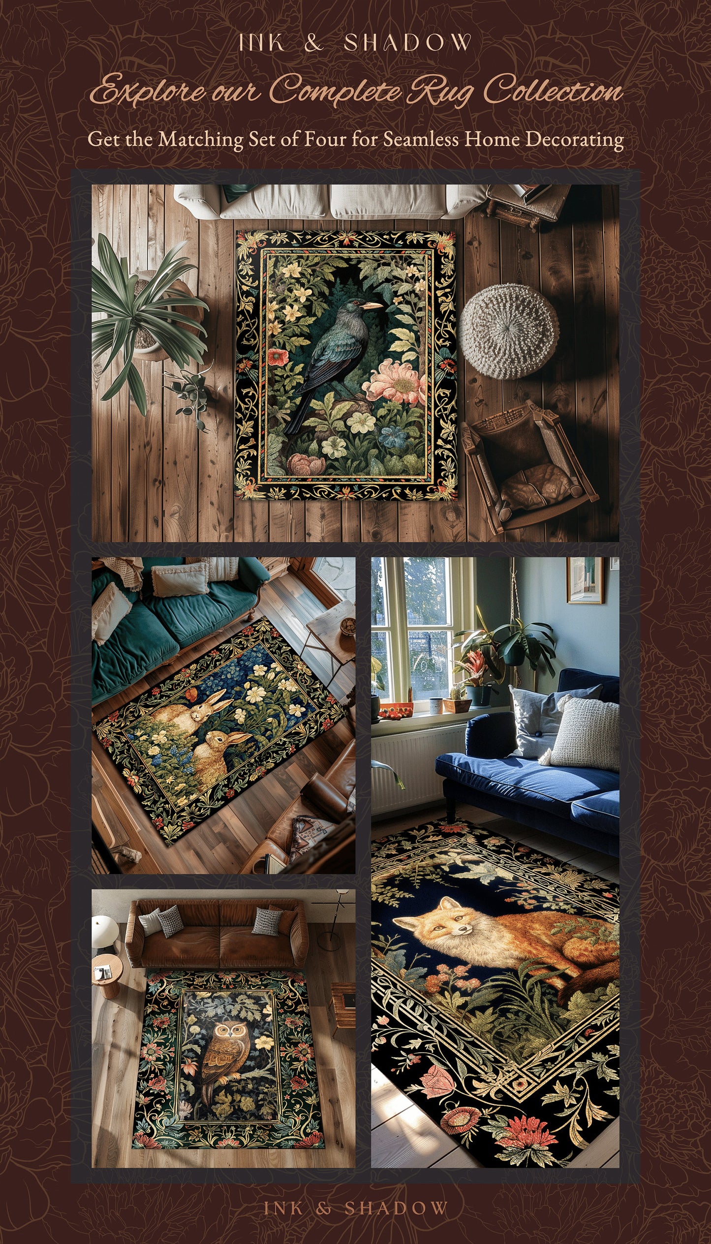 Dark Floral Raven Area Rug | Ethereal Gothic Room Decor William Morris Inspired Cottagecore Aesthetic Dark Fairycore Bedroom Crow Core Art |