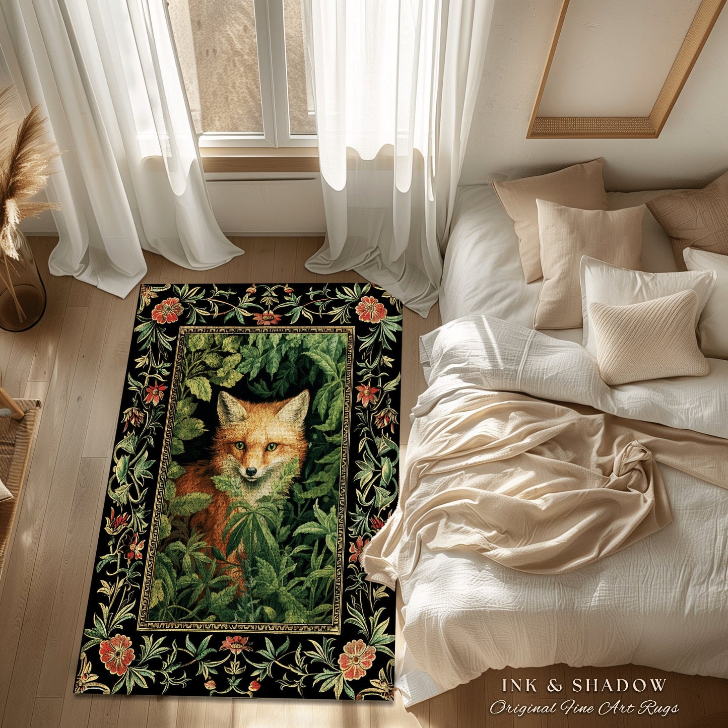 Dark Botanical Round Fox Rug Vintage Forest Aesthetic | Cottagecore Woodland Gothic Fox Art Decor Boho Fairycore Nature Lovers Floral Whimsy