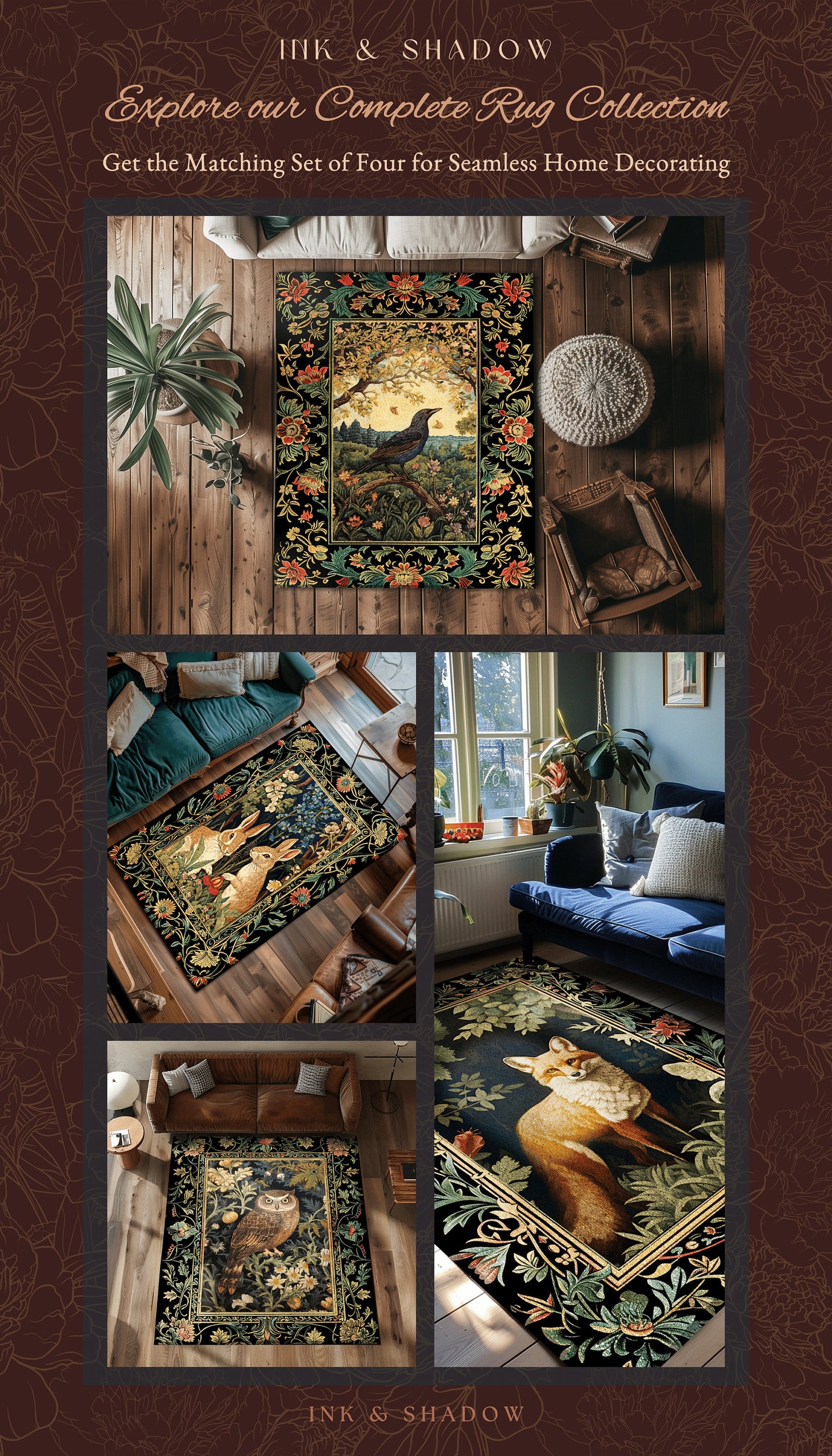 Victorian Gothic Round Raven Rug Morris Inspired Cottagecore Aesthetic | Woodland Fairycore Bedroom Black Crow Forestcore Home Decor Whimsy