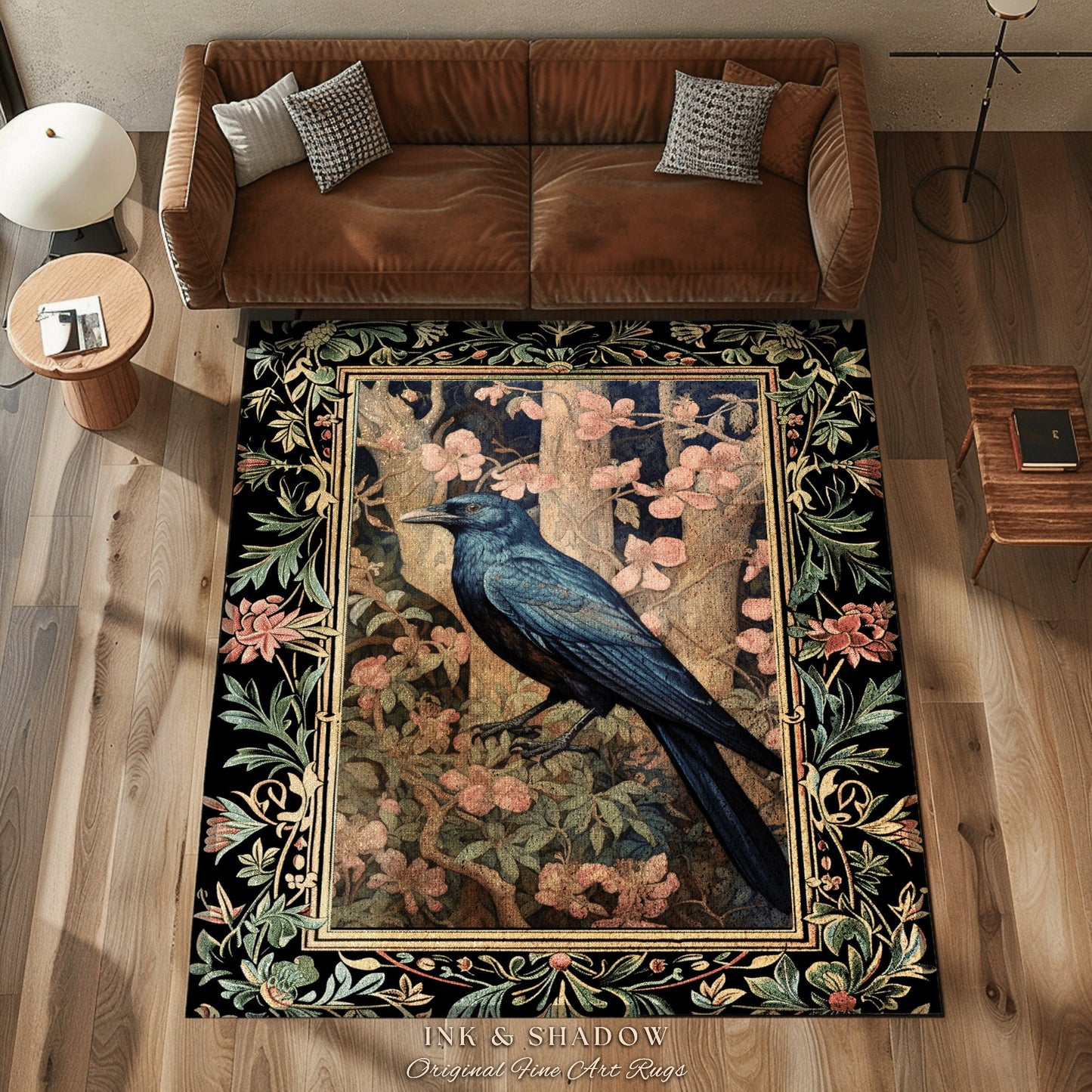 Crowcore Area Rug | Woodland Gothic Room Decor William Morris Inspired Cottagecore Aesthetic Dark Fairycore Bedroom Black Crow Raven