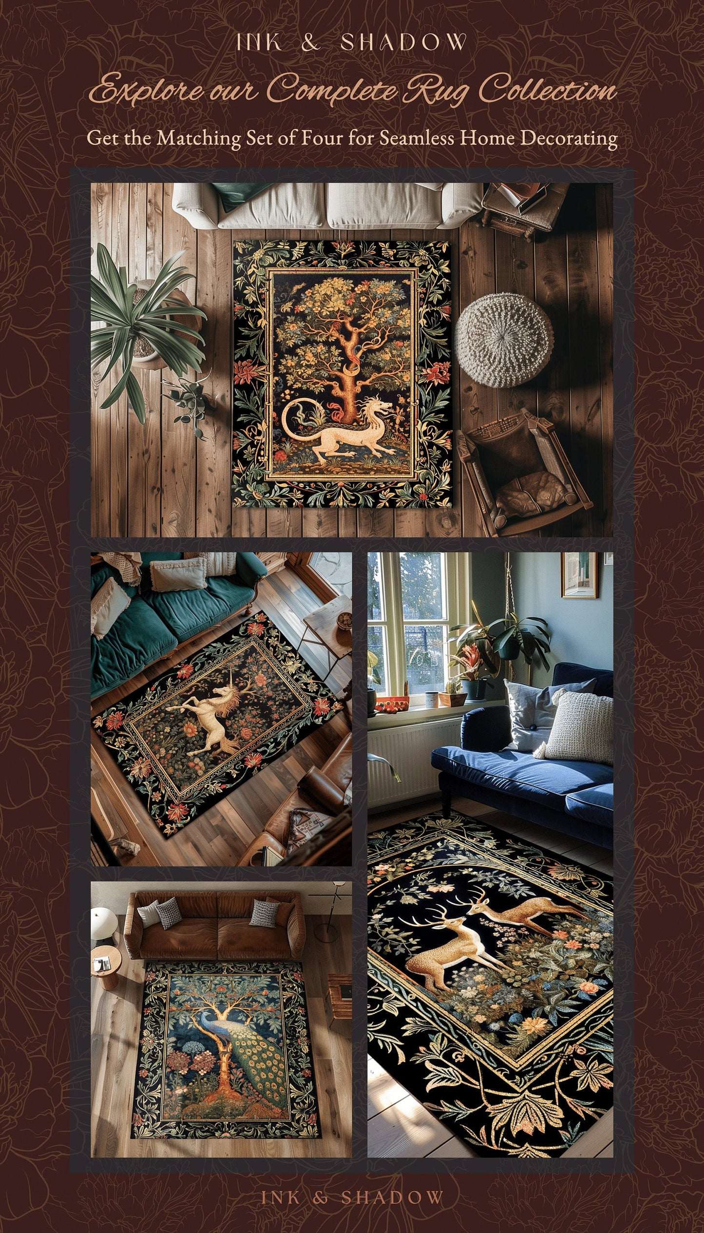 Mystical Deer Lovers Round Rug Vintage Floral Cottagecore Aesthetic Fairycore Decor | Magical Nature Inspired Woodland Forest Deer Art Rug