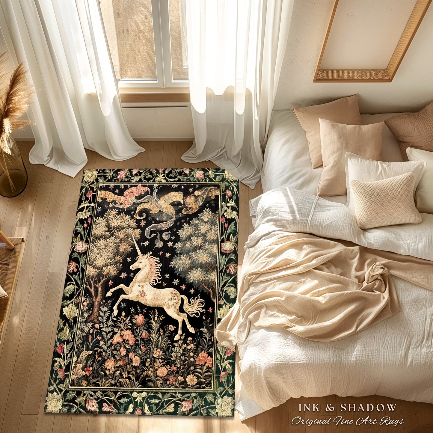 Ethereal Unicorn Whimsical Round Area Rug | Folklore Nursery Decor William Morris Inspired Cottagecore Aesthetic Woodland Pastel Magical |