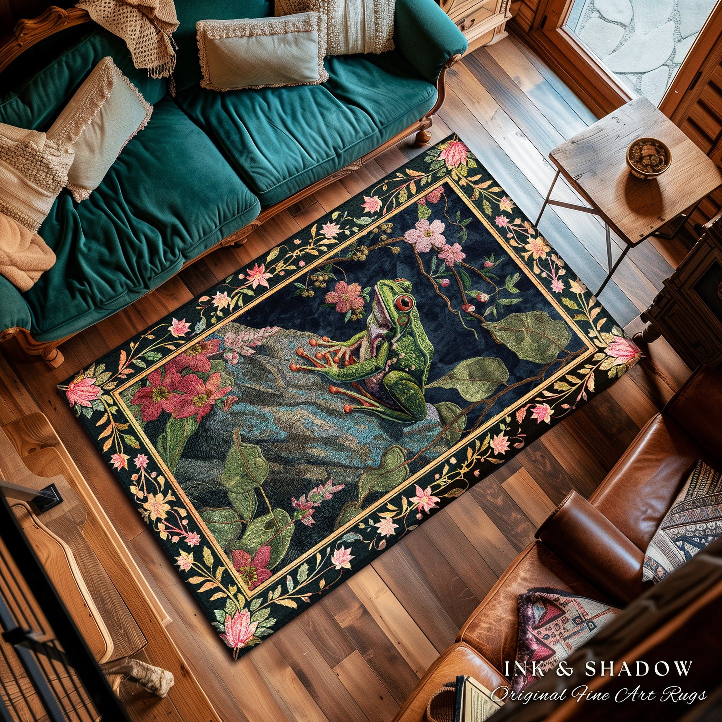 Ethereal Woodland Frog Rug | Floral Cottagecore Aesthetic Living Room Home Decor Frog Lover Gift Goblincore Floor Mat Whimsical Toad |