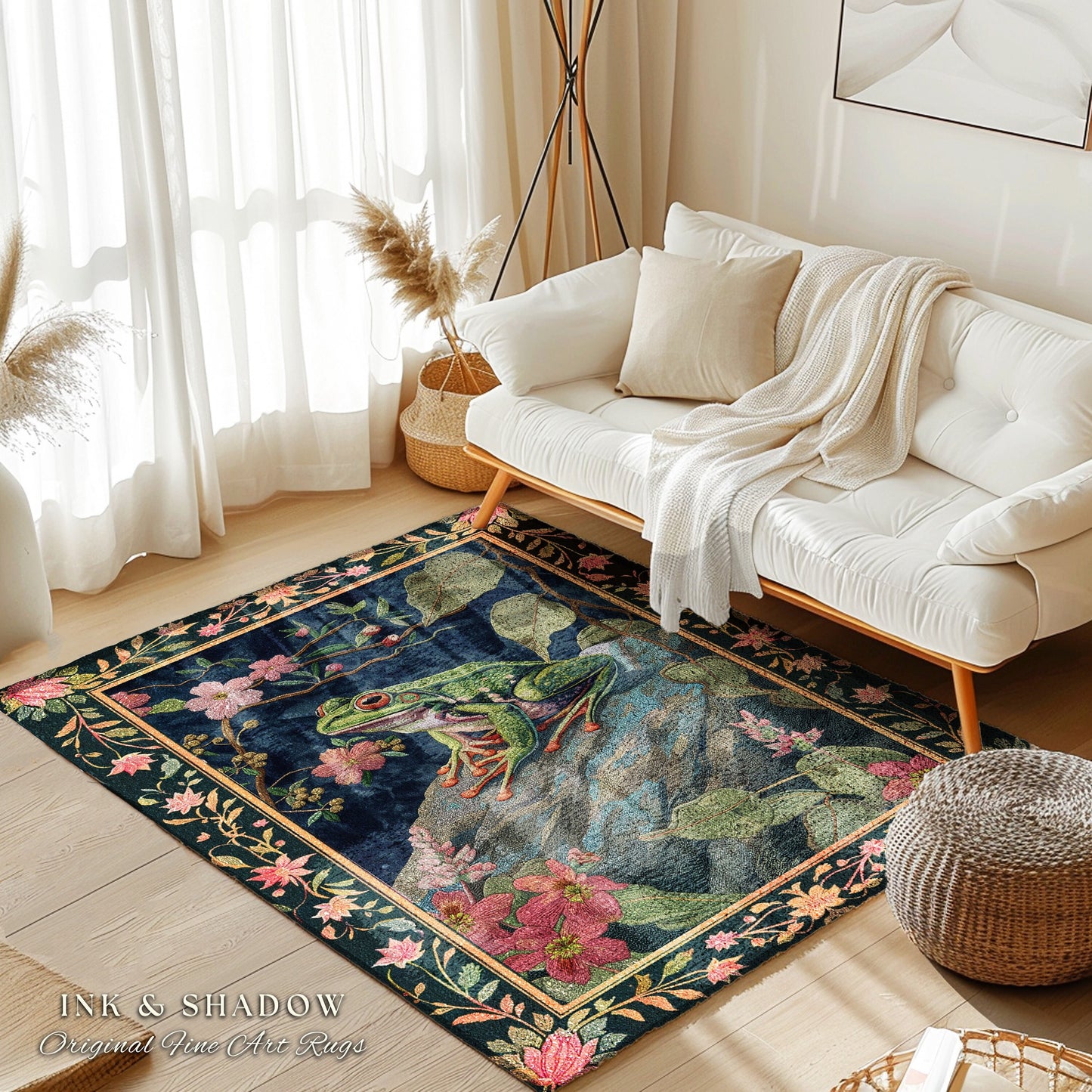 Ethereal Woodland Frog Rug | Floral Cottagecore Aesthetic Living Room Home Decor Frog Lover Gift Goblincore Floor Mat Whimsical Toad |