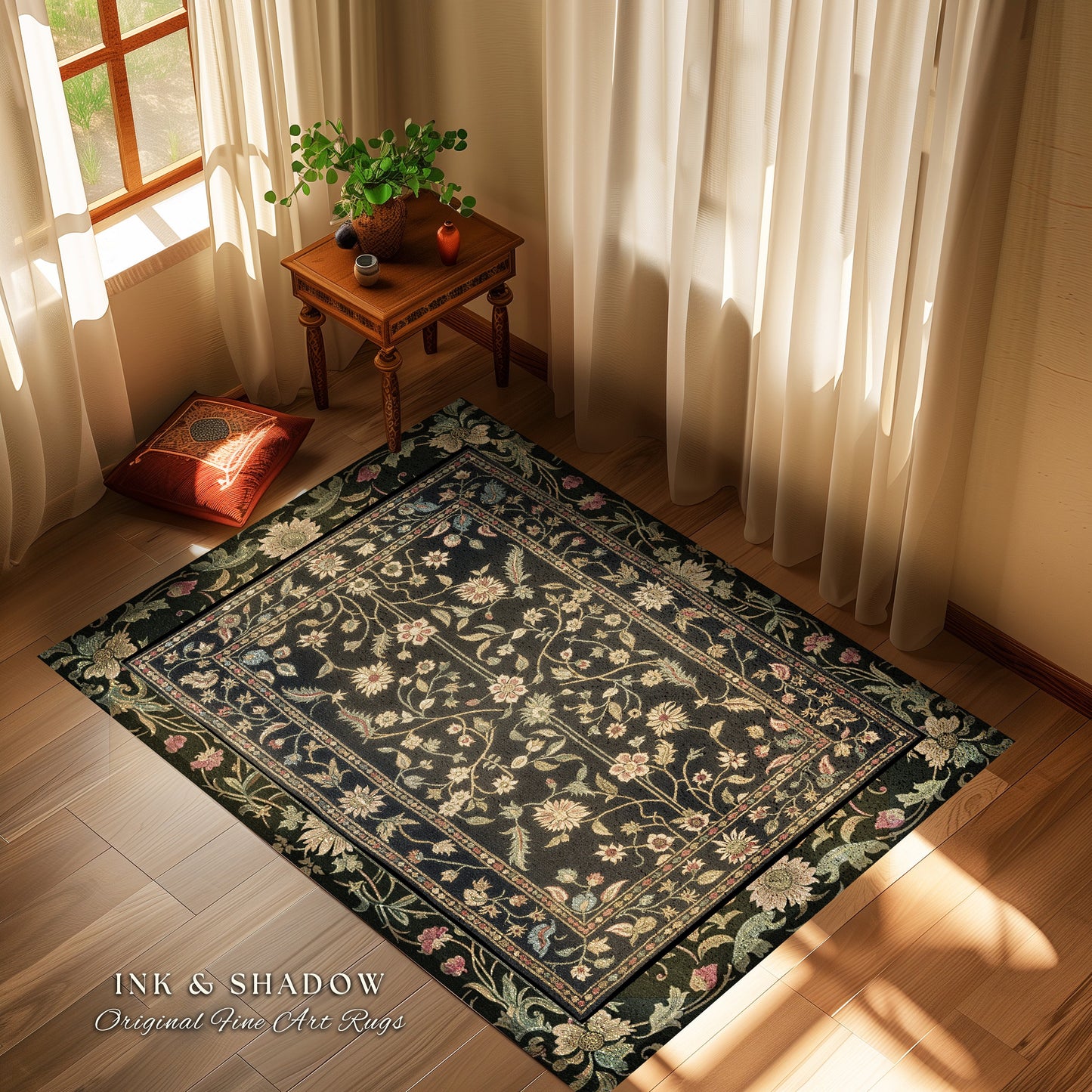Dark Academia Living Room Rug | Dark Floral Aesthetic Common Room Home Decor Rustic Housewarming Gift Cottagecore Dark Floral Bedroom Mat