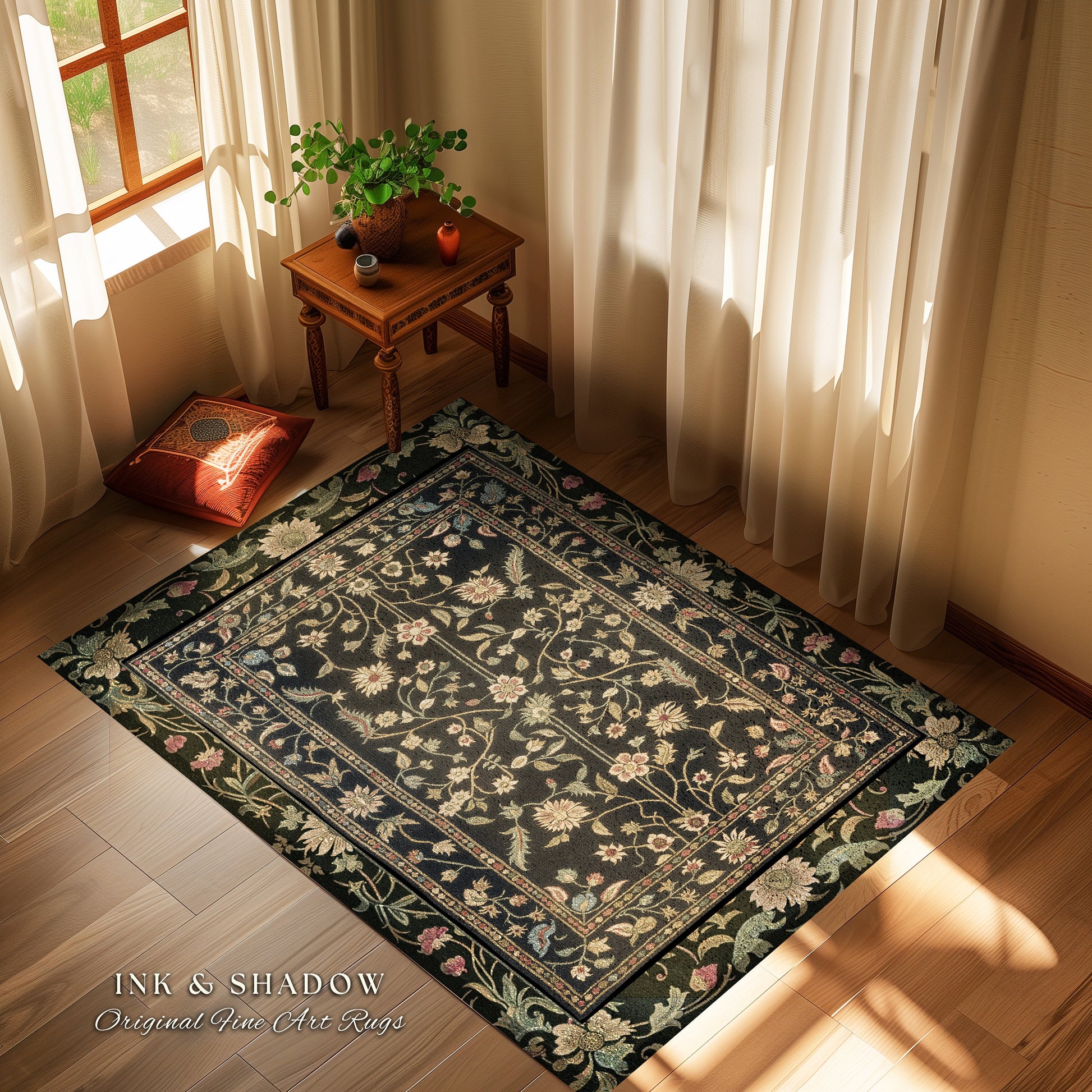 Dark Academia Living Room Rug | Dark Floral Aesthetic Common Room Home Decor Rustic Housewarming Gift Cottagecore Dark Floral Bedroom Mat