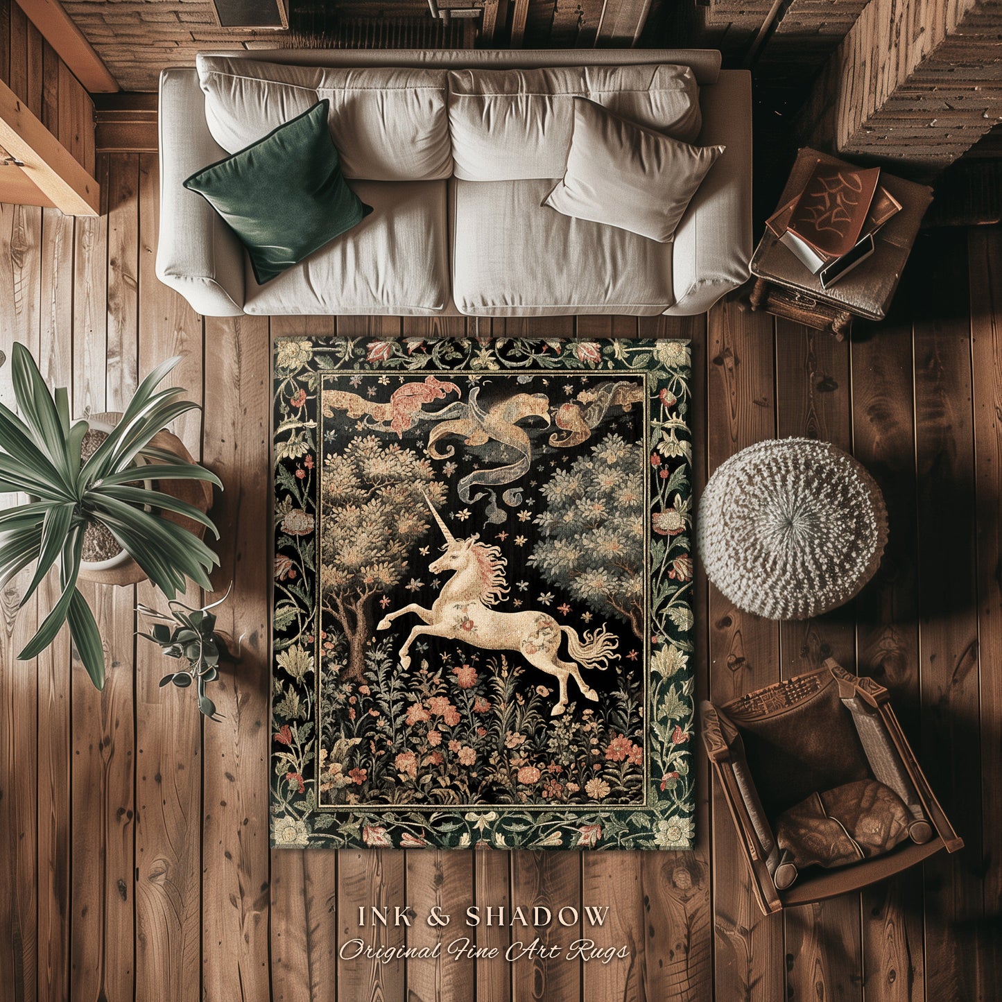 Ethereal Unicorn Whimsical Round Area Rug | Folklore Nursery Decor William Morris Inspired Cottagecore Aesthetic Woodland Pastel Magical |