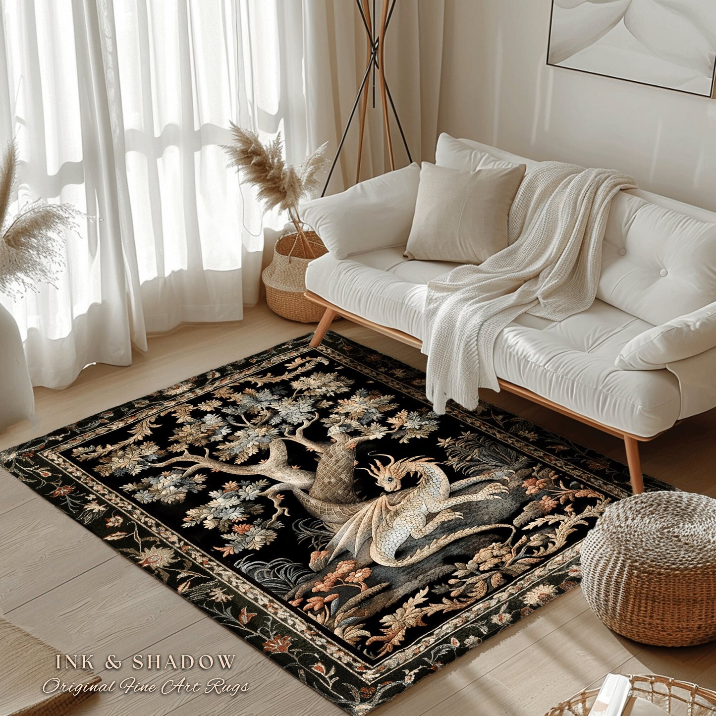 Ethereal Fairytale Inspired Mythical Creature Woodland Decor Mystic Cottagecore Fairycore Botanical Rug, Medieval Aesthetic Round Dragon Rug