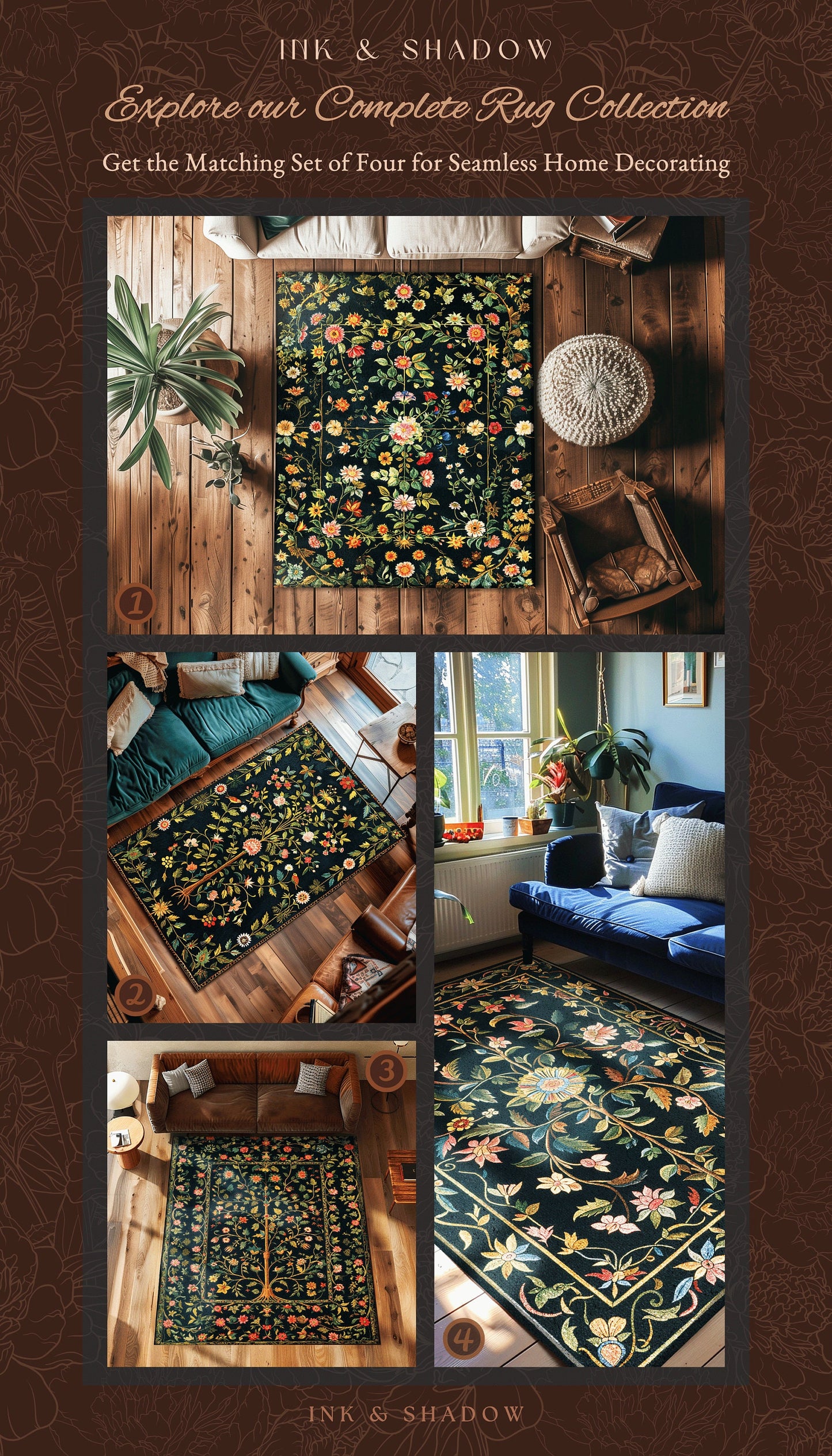 Jewel Tones Vintage Dark Academia Wildflower Rug | Floral Aesthetic Ornate Gothic Home Decor Whimsical Rustic Housewarming Gift Ethereal