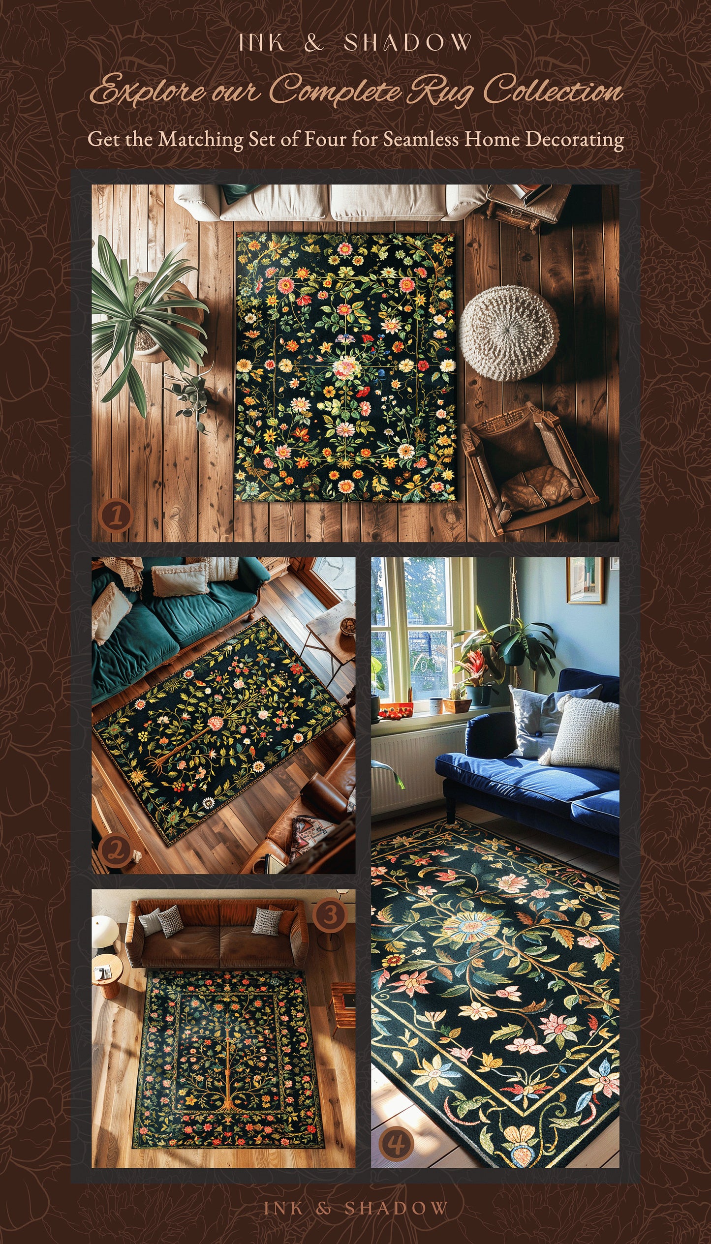Vintage Dark Academia Wildflower Rug | Floral Aesthetic Ornate Gothic Home Decor Whimsical Rustic Housewarming Gift Ethereal Dark Academia