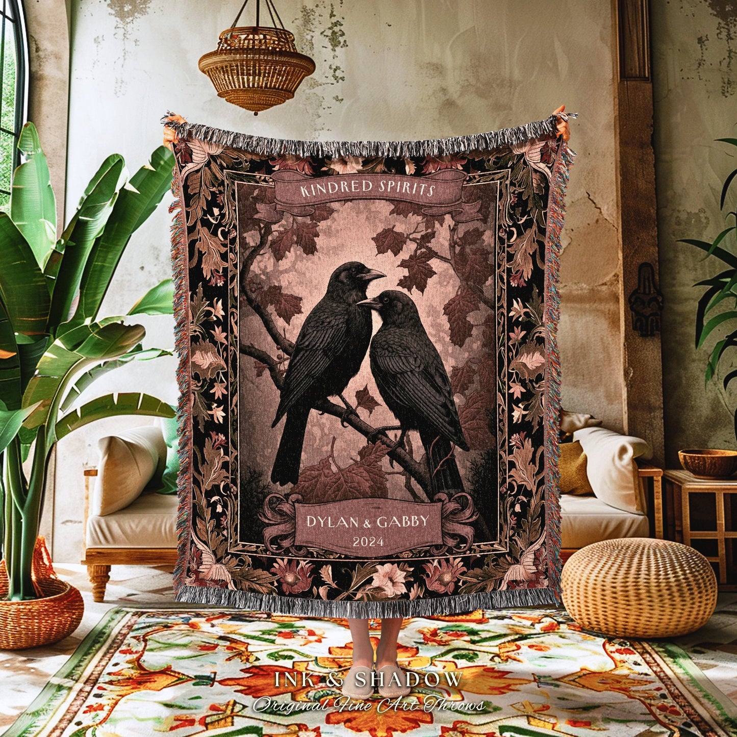 Autumn Anniversary Raven Couple Blanket | Crow Core Couple Dark Academia Aesthetic Woven Throw Custom Name Gift Goth Tapestry Witchy Decor