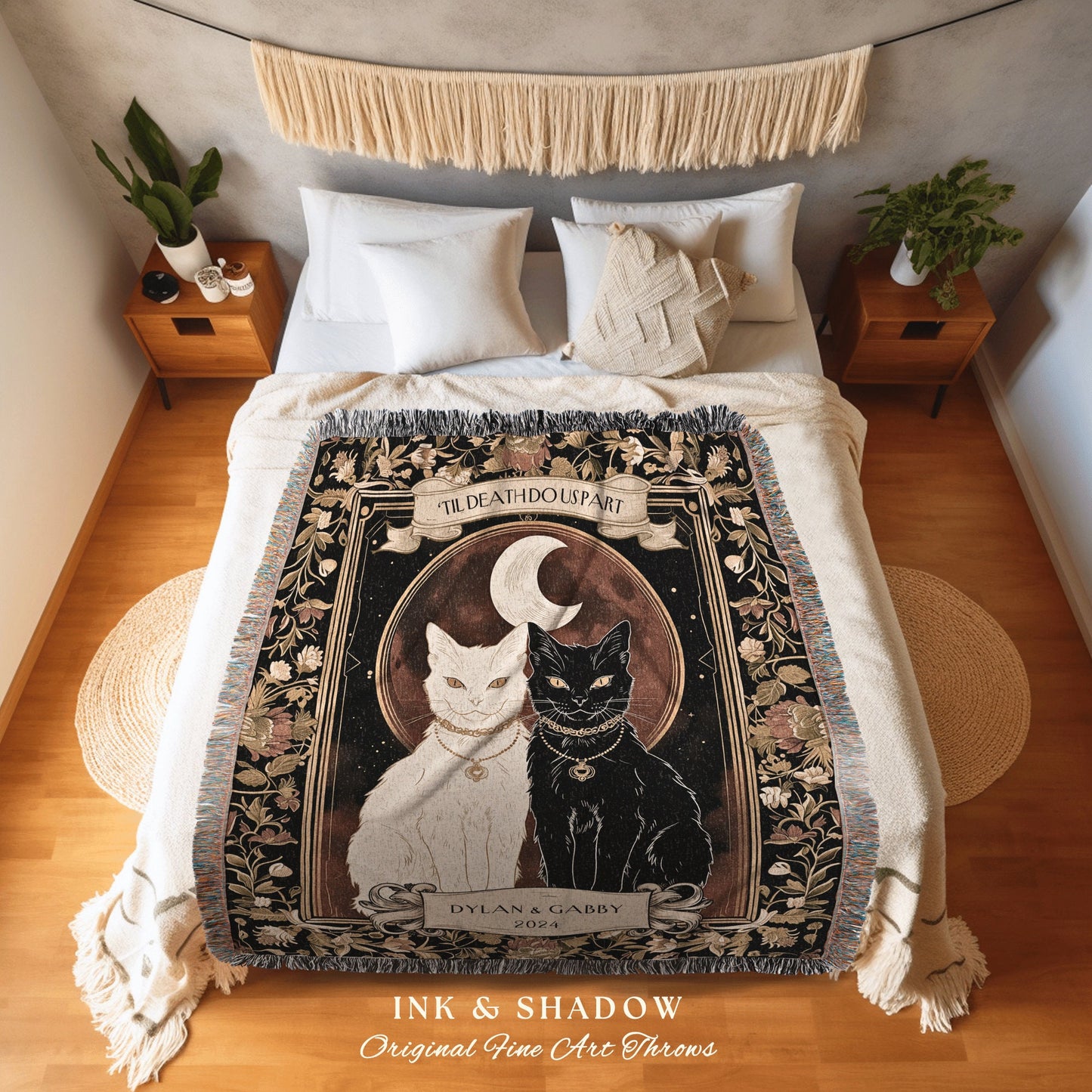 Mystic Cat Couple Woven Blanket | Witchy Aesthetic Woven Throw Custom Mr & Mrs Gift for Cat Lover Personalized Dark Academia Style Ethereal