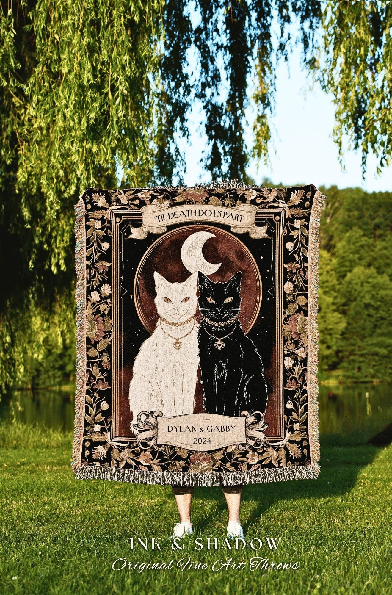 Mystic Cat Couple Woven Blanket | Witchy Aesthetic Woven Throw Custom Mr & Mrs Gift for Cat Lover Personalized Dark Academia Style Ethereal