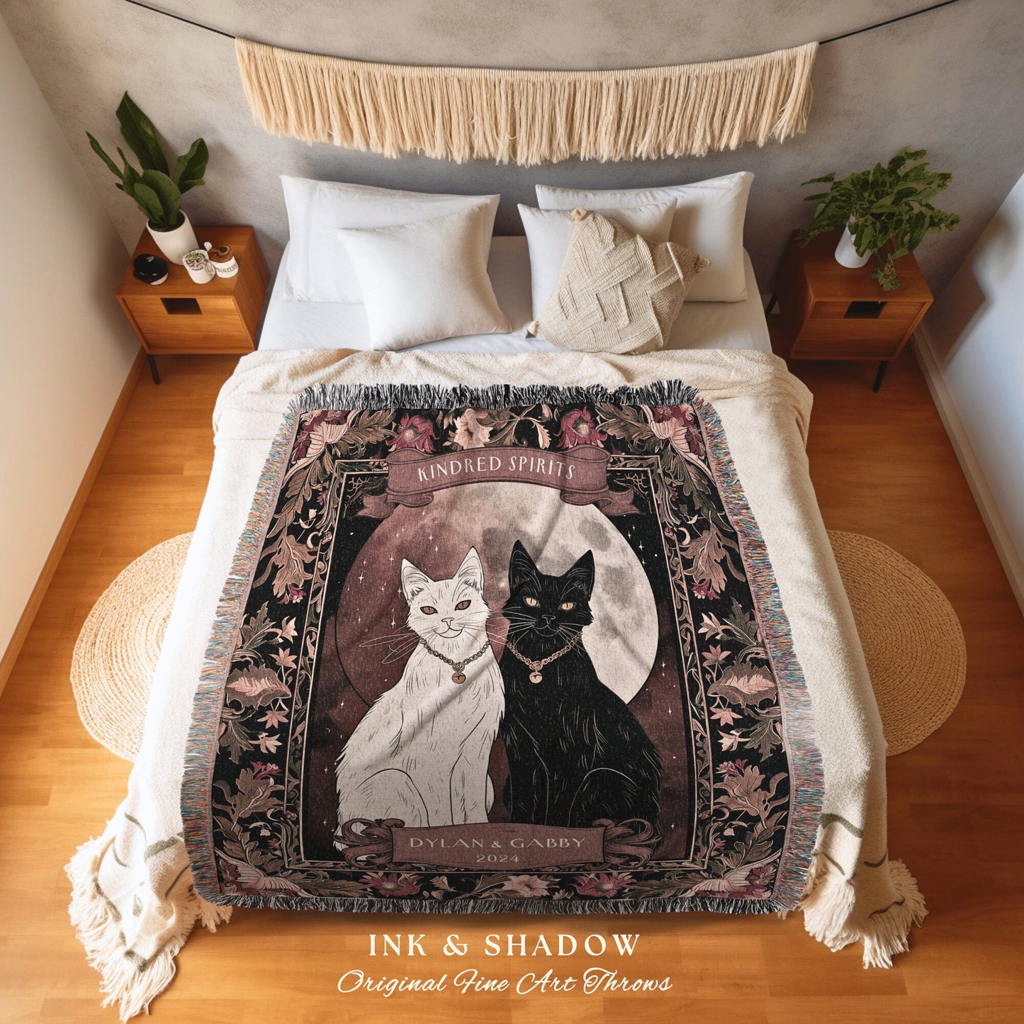 Mystic Cat Couple Woven Blanket Witchy Cottagecore Aesthetic Tapestry Throw Custom Mr & Mrs Gift for Cat Lover Personalized Anniversary Gift