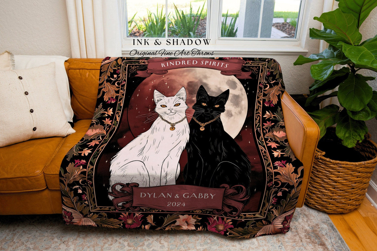 Mystic Cat Couple Woven Blanket Witchy Cottagecore Aesthetic Tapestry Throw Custom Mr & Mrs Gift for Cat Lover Personalized Anniversary Gift
