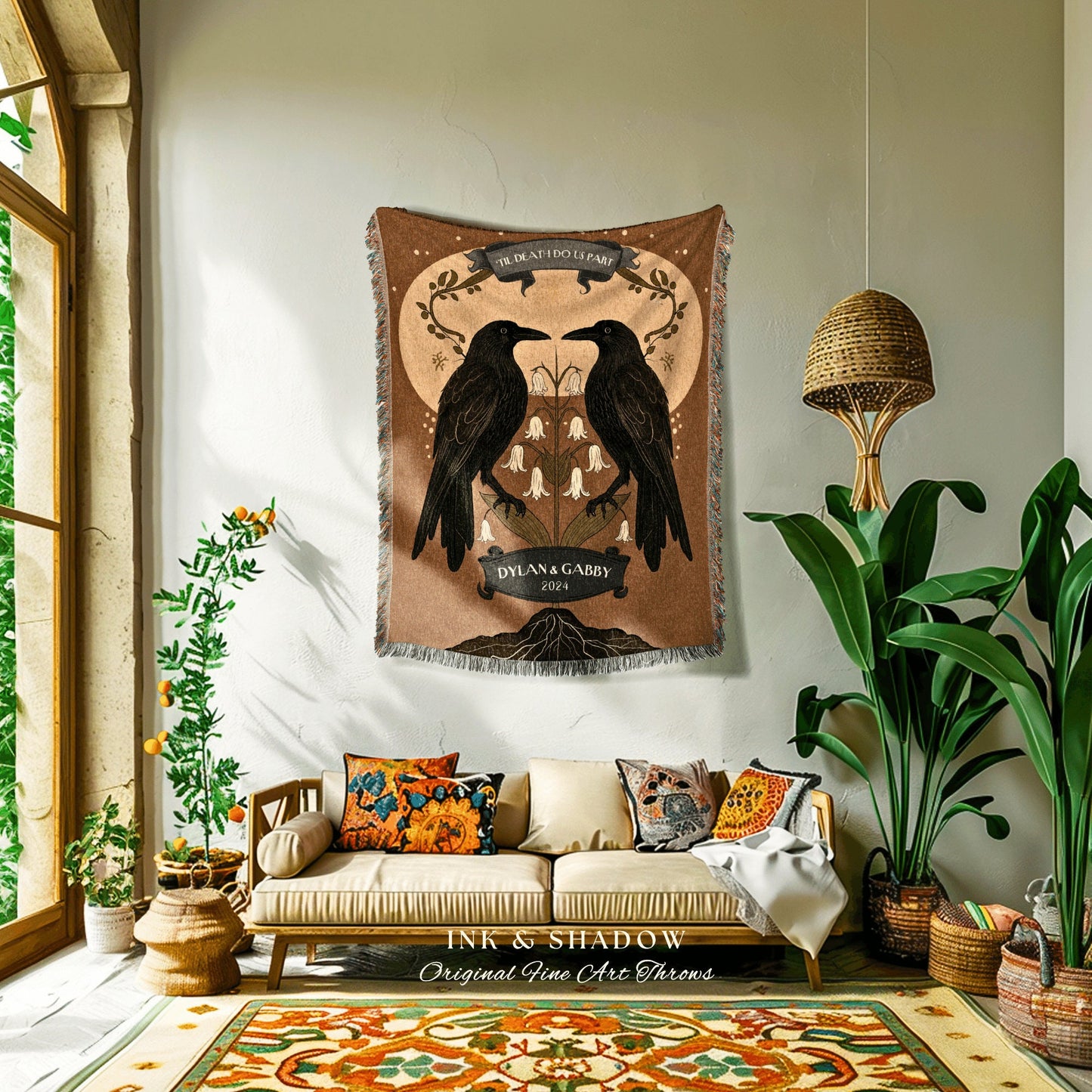 Mystic Crow Couple Custom Woven Blanket | Crow Core Couple Dark Academia Aesthetic Witchy Throw Custom Name Gift Tapestry Minimalist Decor |
