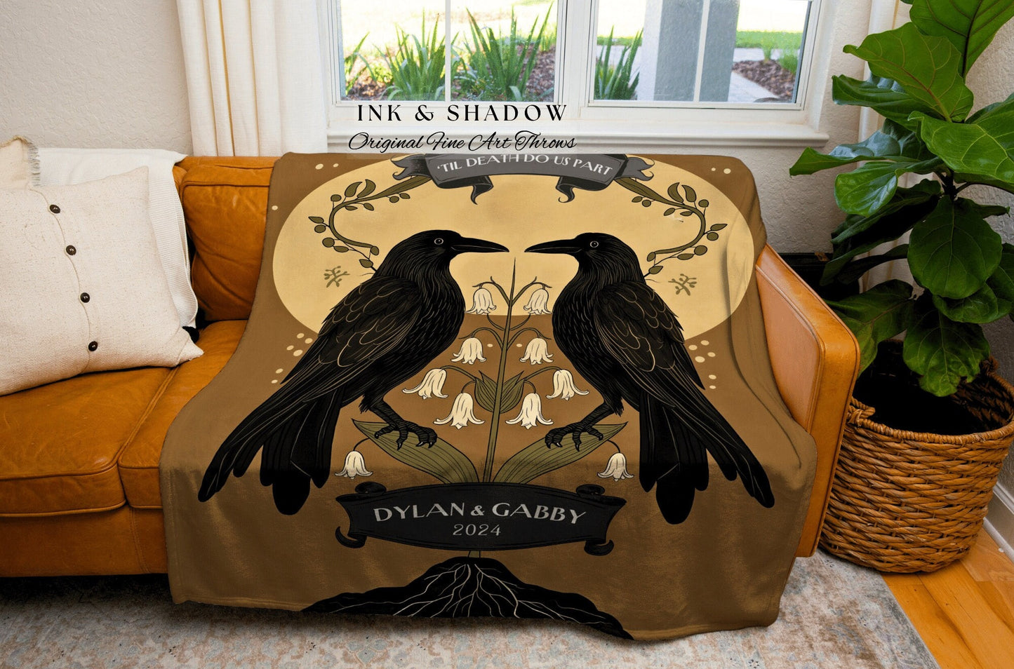 Mystic Crow Couple Custom Woven Blanket | Crow Core Couple Dark Academia Aesthetic Witchy Throw Custom Name Gift Tapestry Minimalist Decor |