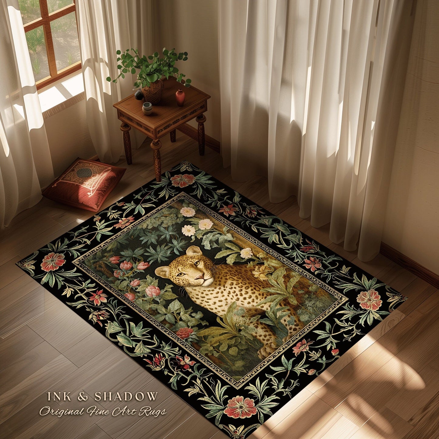 Whimsigoth Dark Floral Round Leopard Rug Dark Academia Decor | Maximalist Aesthetic Vintage Botanical Animal Lovers Cottagecore Jungle Decor