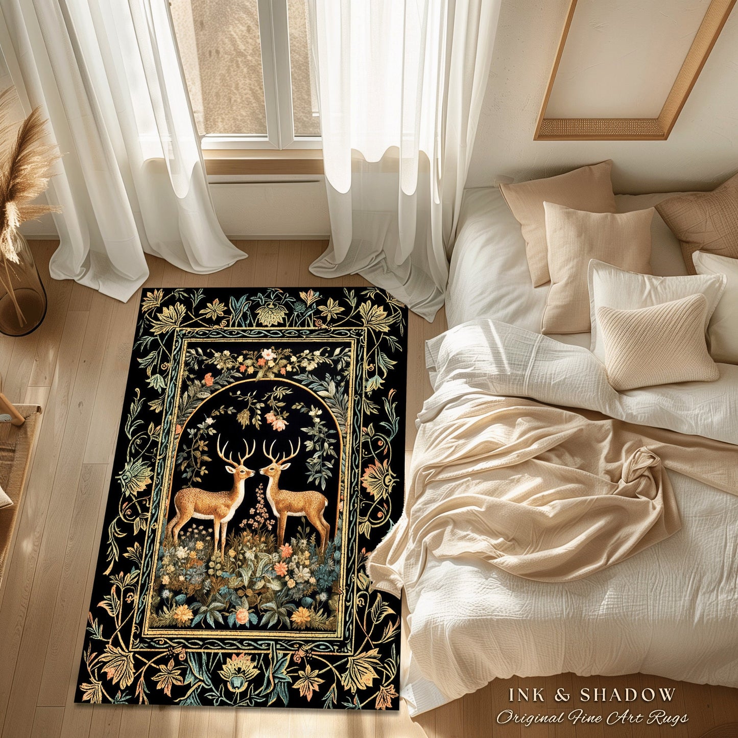Mystical Deer Lovers Round Rug Vintage Floral Cottagecore Aesthetic Fairycore Decor | Magical Nature Inspired Woodland Forest Deer Art Rug