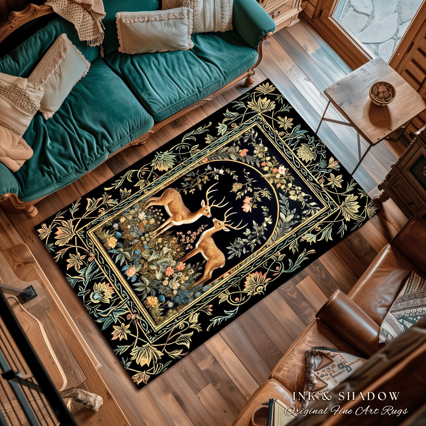 Mystical Deer Lovers Round Rug Vintage Floral Cottagecore Aesthetic Fairycore Decor | Magical Nature Inspired Woodland Forest Deer Art Rug