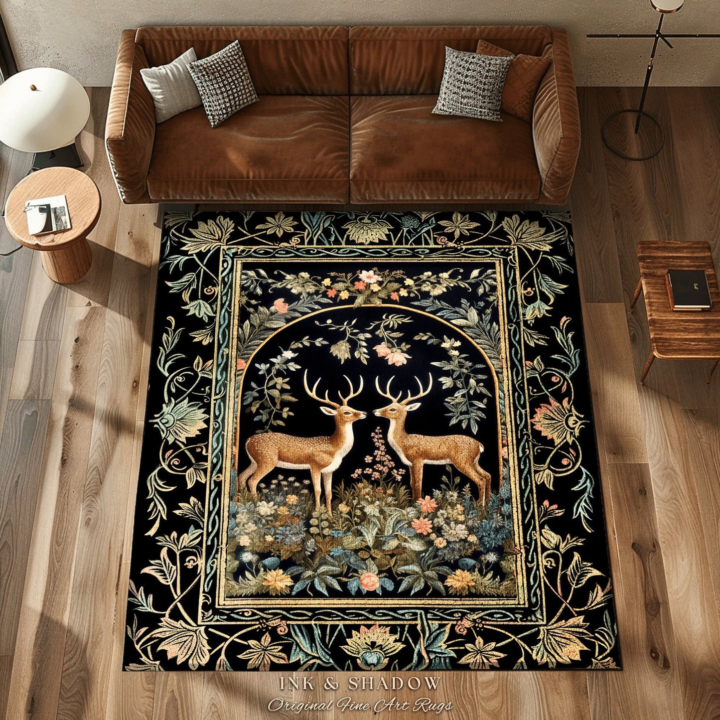 Mystical Deer Lovers Round Rug Vintage Floral Cottagecore Aesthetic Fairycore Decor | Magical Nature Inspired Woodland Forest Deer Art Rug