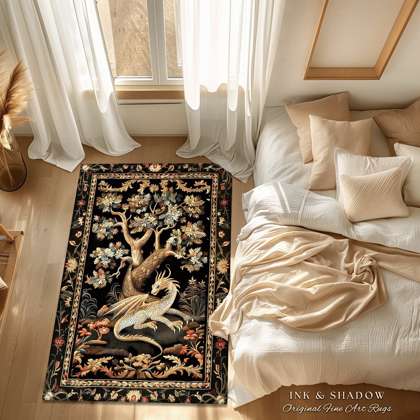 Ethereal Fairytale Inspired Mythical Creature Woodland Decor Mystic Cottagecore Fairycore Botanical Rug, Medieval Aesthetic Round Dragon Rug