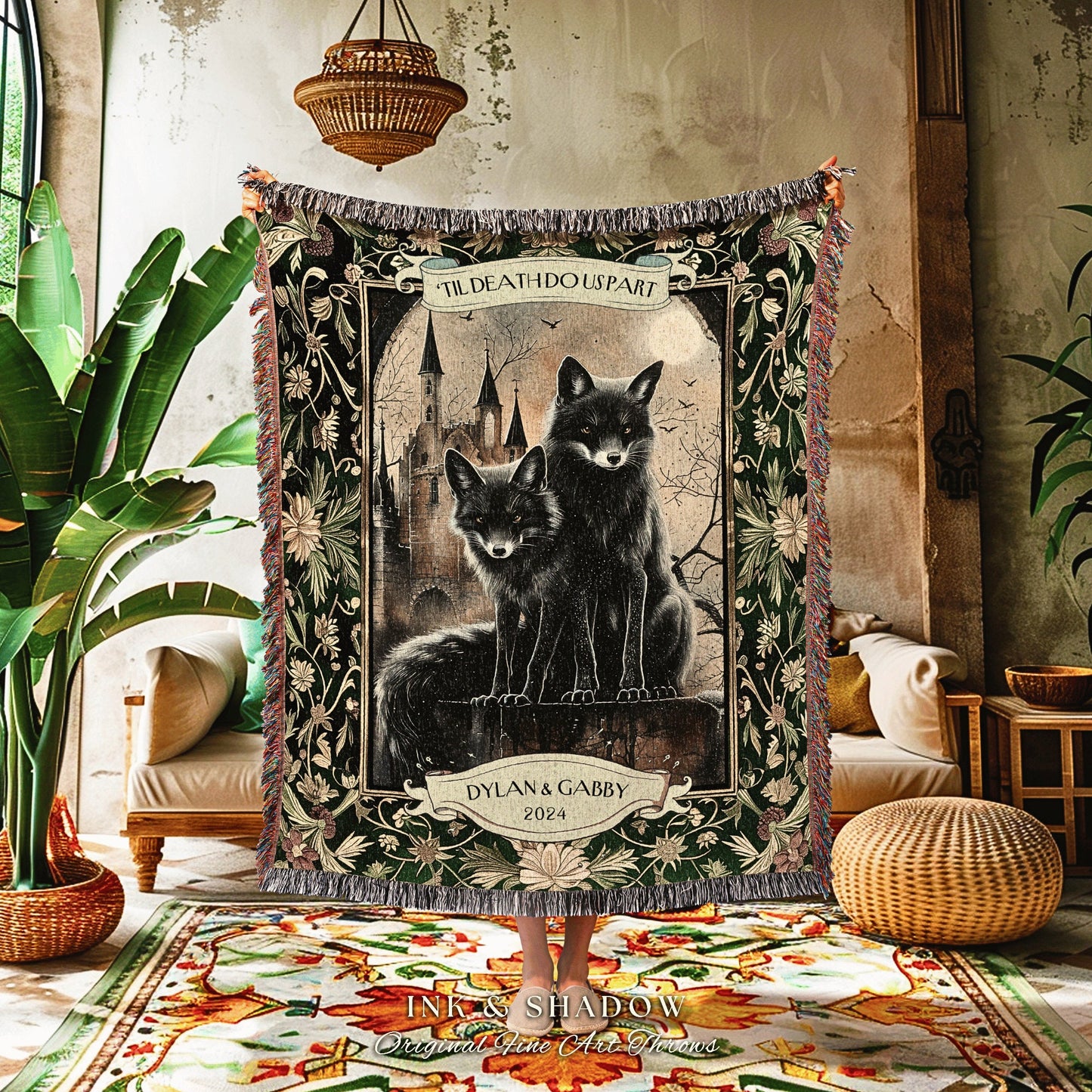 Gothic Wolf Couple Blanket Custom | Dark Academia Wolf Blanket Cozy Couples Blanket Woven Personalized Dating Anniversary Throw Witchy |