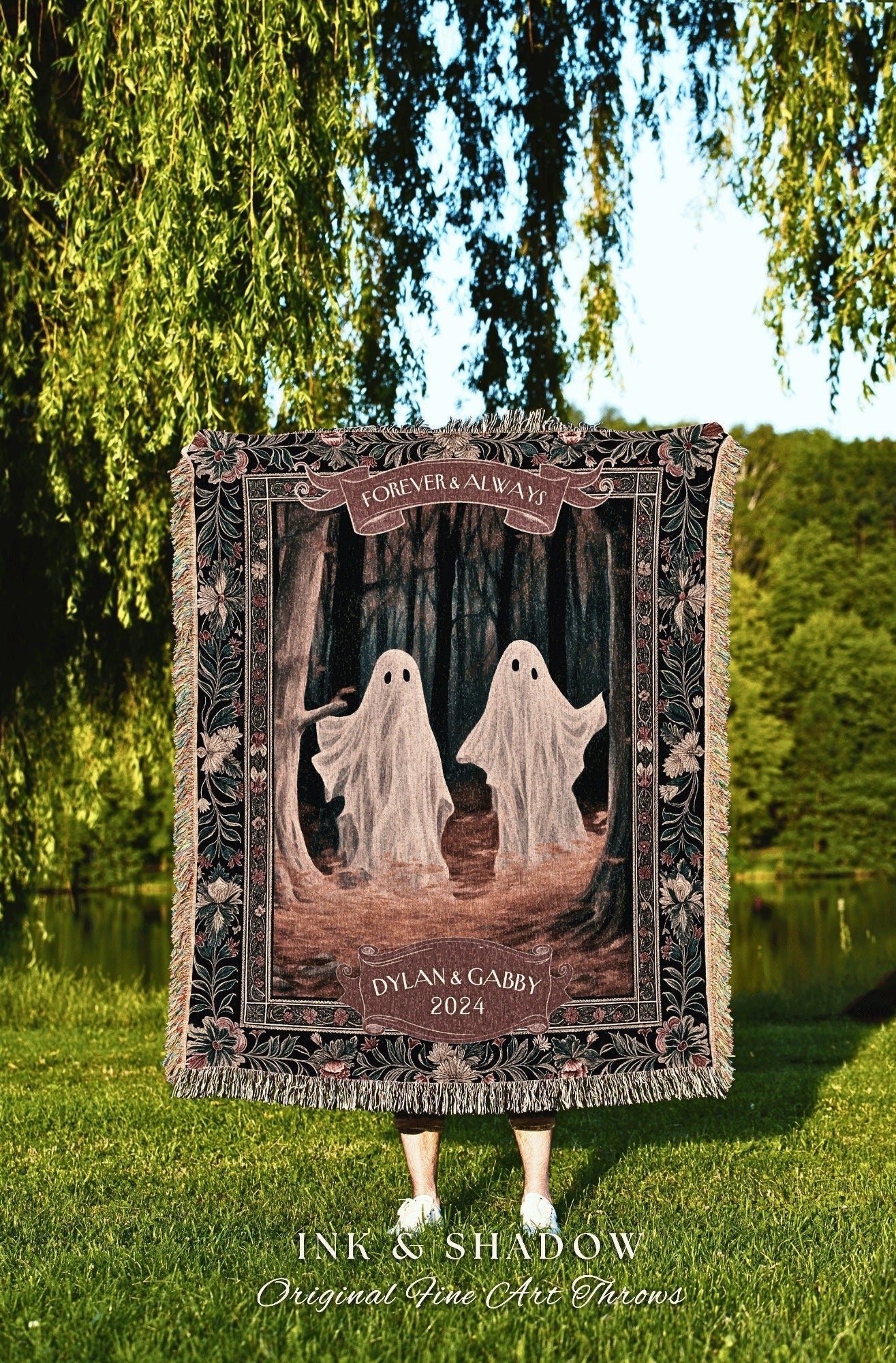 Ghosts in the Woodland Couples Blanket | Kindred Spirits Personalized Gothic Wedding Tapestry Woven Throw Whimsigoth Custom Gifts for Her |