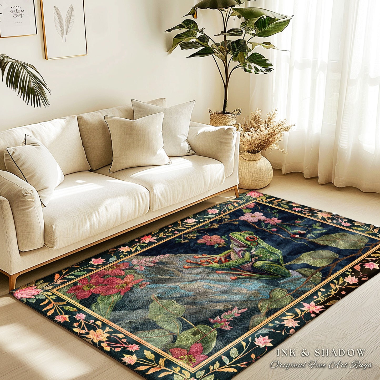 Ethereal Woodland Frog Rug | Floral Cottagecore Aesthetic Living Room Home Decor Frog Lover Gift Goblincore Floor Mat Whimsical Toad |