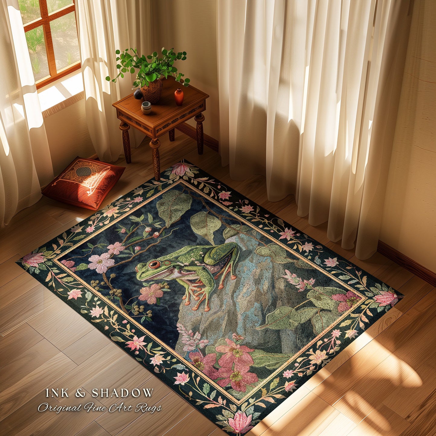Ethereal Woodland Frog Rug | Floral Cottagecore Aesthetic Living Room Home Decor Frog Lover Gift Goblincore Floor Mat Whimsical Toad |