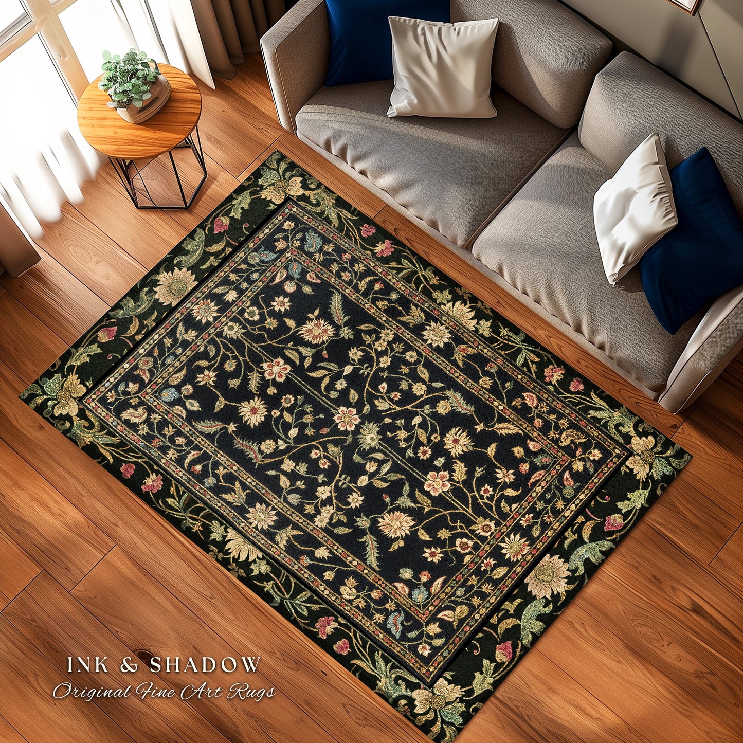 Dark Academia Living Room Rug | Dark Floral Aesthetic Common Room Home Decor Rustic Housewarming Gift Cottagecore Dark Floral Bedroom Mat