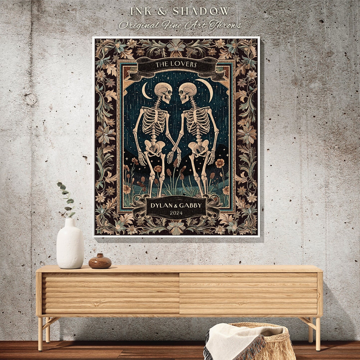 Skeleton Lovers Tarot Aesthetic Throw | Celestial Skeleton Couple Woven Tapestry Wedding Anniversary Gift Personalized Blanket Custom Names