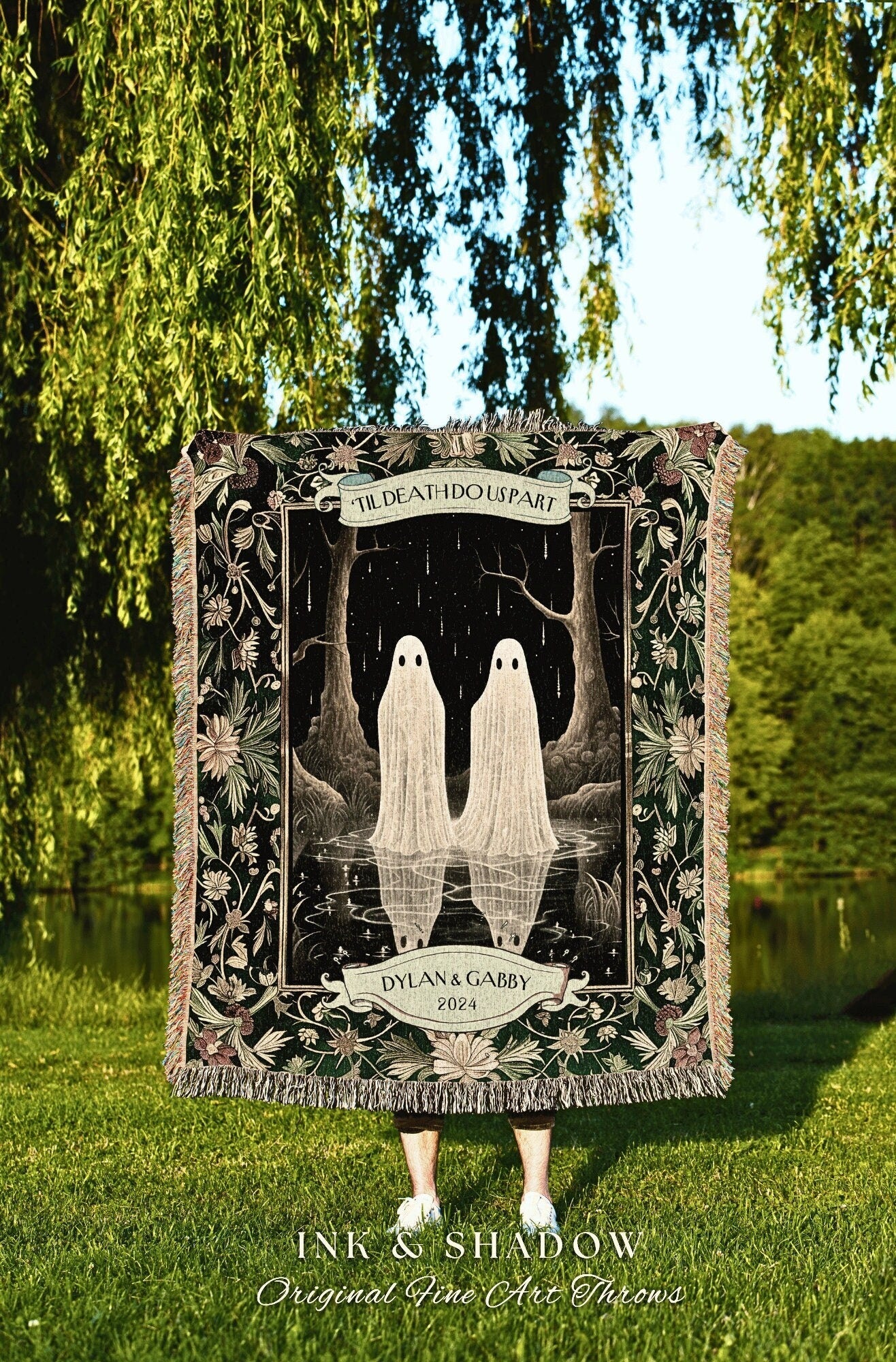 Celestial Forest Ghost Lovers Blanket | Dark Cottagecore Custom Gothic Couples Tapestry Woven Throw Personalized Gift for Partner Thoughtful